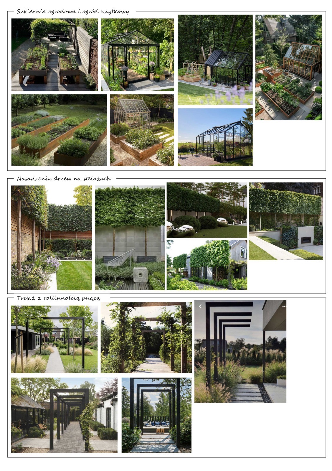 Kolaż zdjęć ogrodowych: szklarnie, nasadzenia drzew na stelażach, trejaże z roślinnością pnącą. Różne style i aranżacje ogrodowe.
