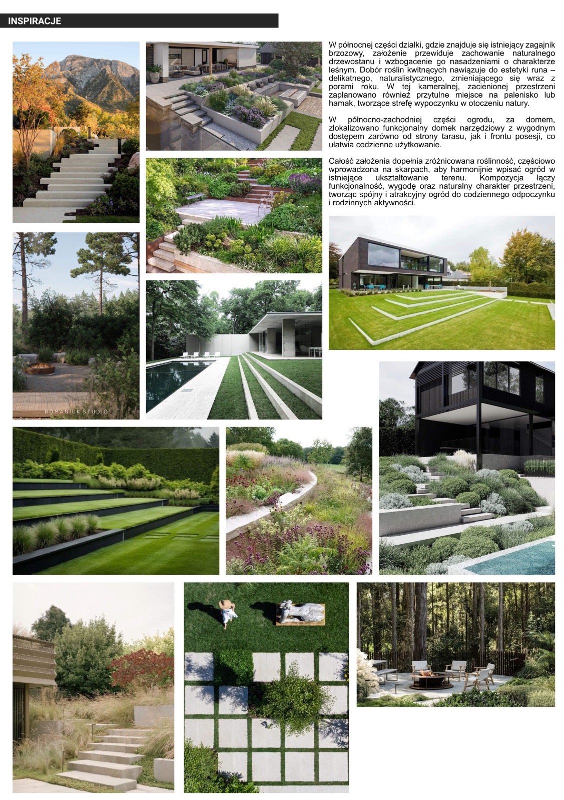 Kolaż inspiracji ogrodowych: schody z roślinnością, tarasy z zielenią, basen, palenisko, nowoczesna architektura wkomponowana w krajobraz. Różnorodność stylów i rozwiązań.