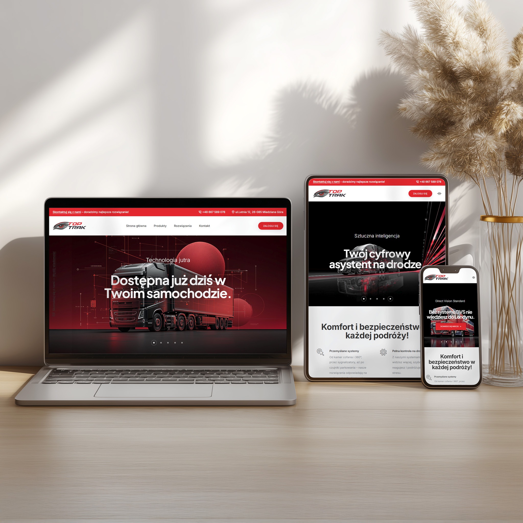 Responsywna strona TopTrak na laptopie, tablecie i smartfonie. Minimalistyczny design, intuicyjna nawigacja, prezentacja oferty i specjalizacji firmy. Technologiczny charakter marki.