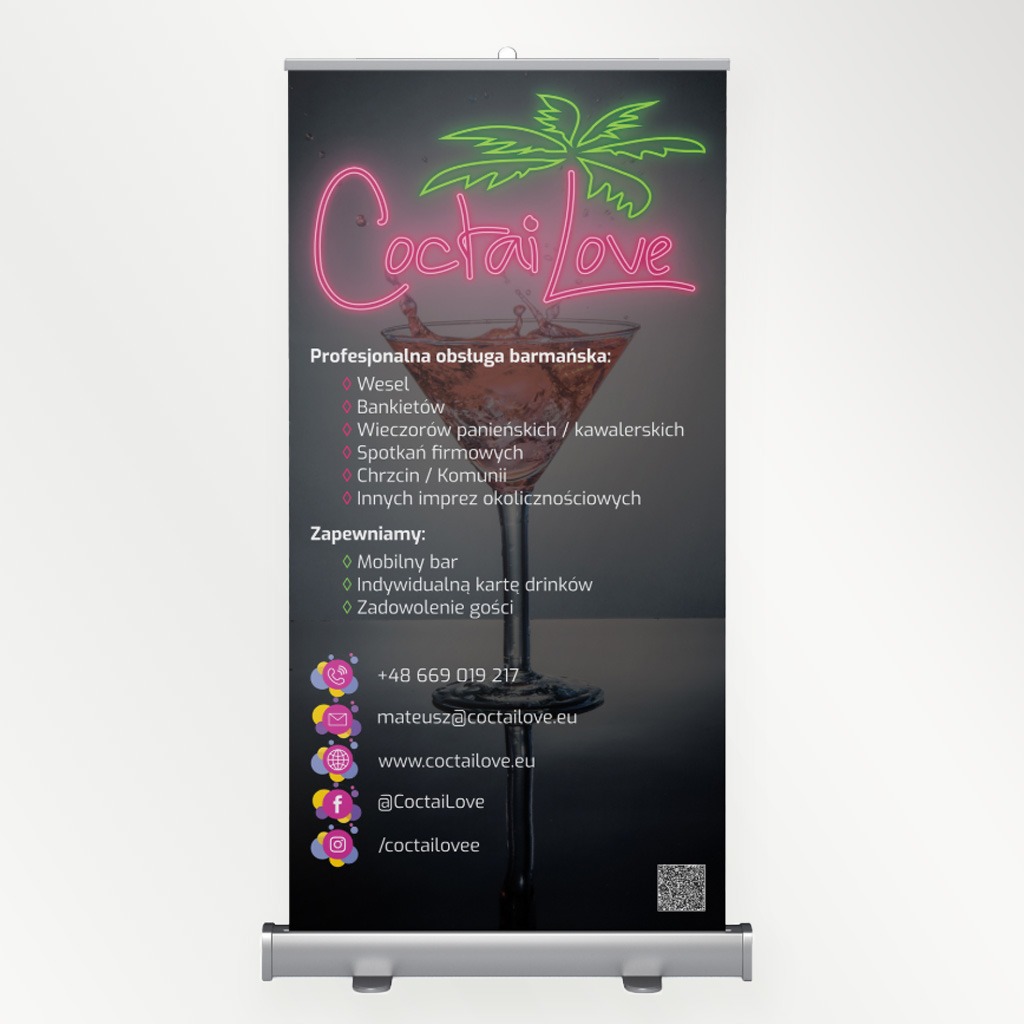 Roll-up reklamowy CoctaiLove z neonowym logo, palmą i kieliszkiem koktajlu. Profesjonalna obsługa barmańska na weselach i imprezach. Kontakt i media społecznościowe.