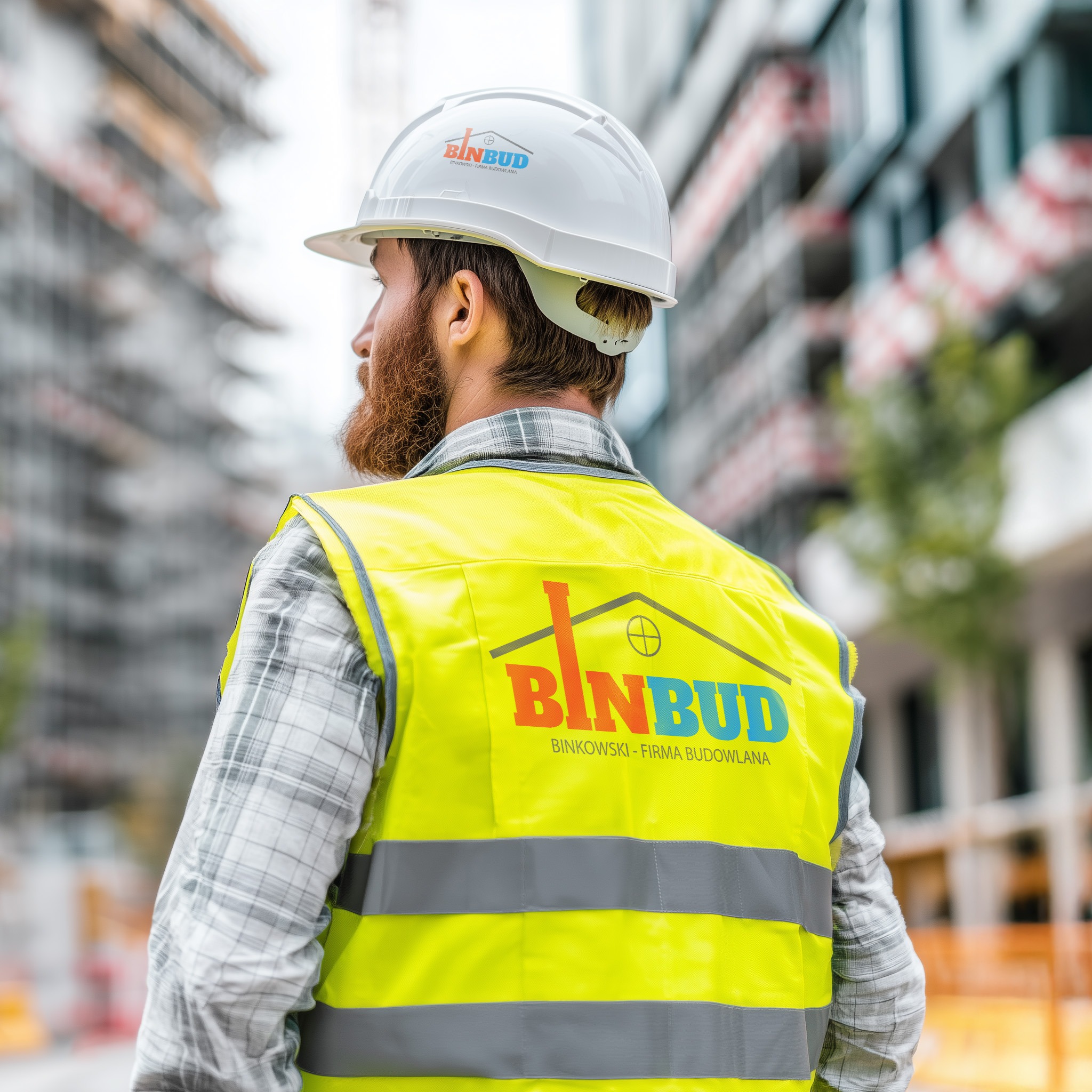 Pracownik w Radoszycach w kamizelce z logo Binbud i kasku z logo, na tle budowy. Prezentacja projektu logo na odzieży roboczej.