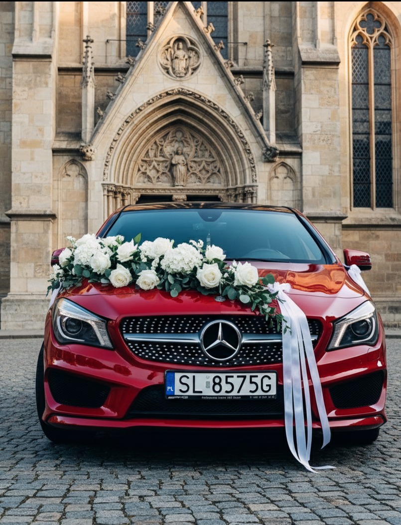 Udekorowany czerwony Mercedes z kwiatami i wstążkami na tle zabytkowej architektury, prawdopodobnie usługa wynajmu samochodu na ślub.