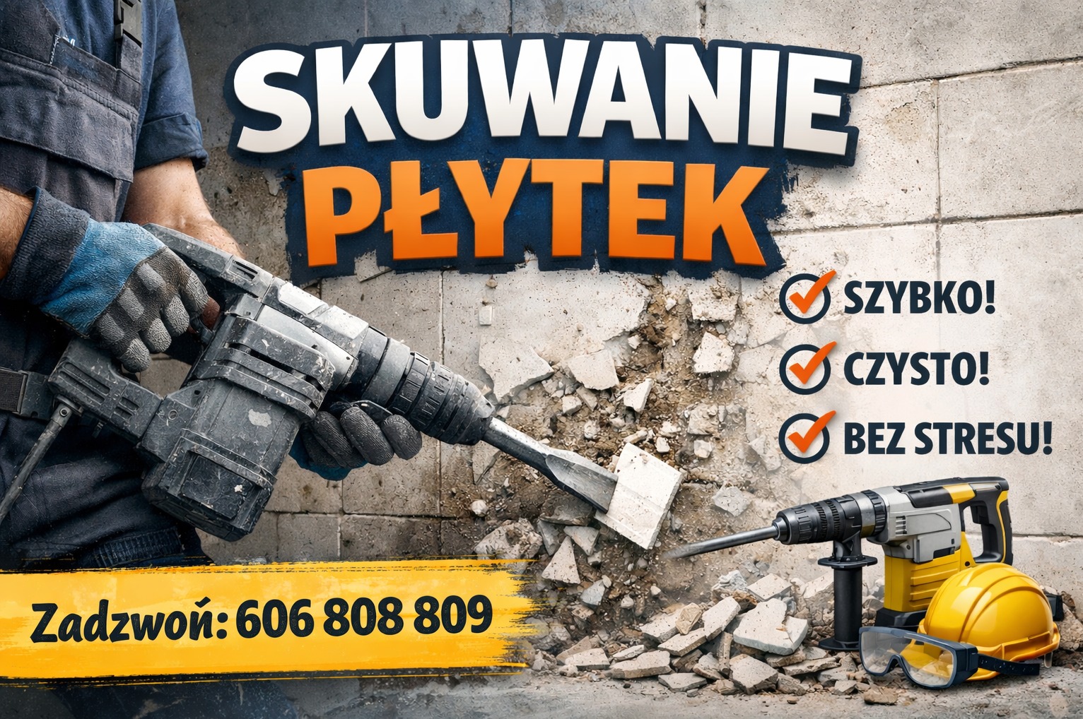 Młot udarowy w akcji podczas skuwania płytek, z hasłami: szybko, czysto, bez stresu. Widoczny numer telefonu kontaktowego i sprzęt ochronny.