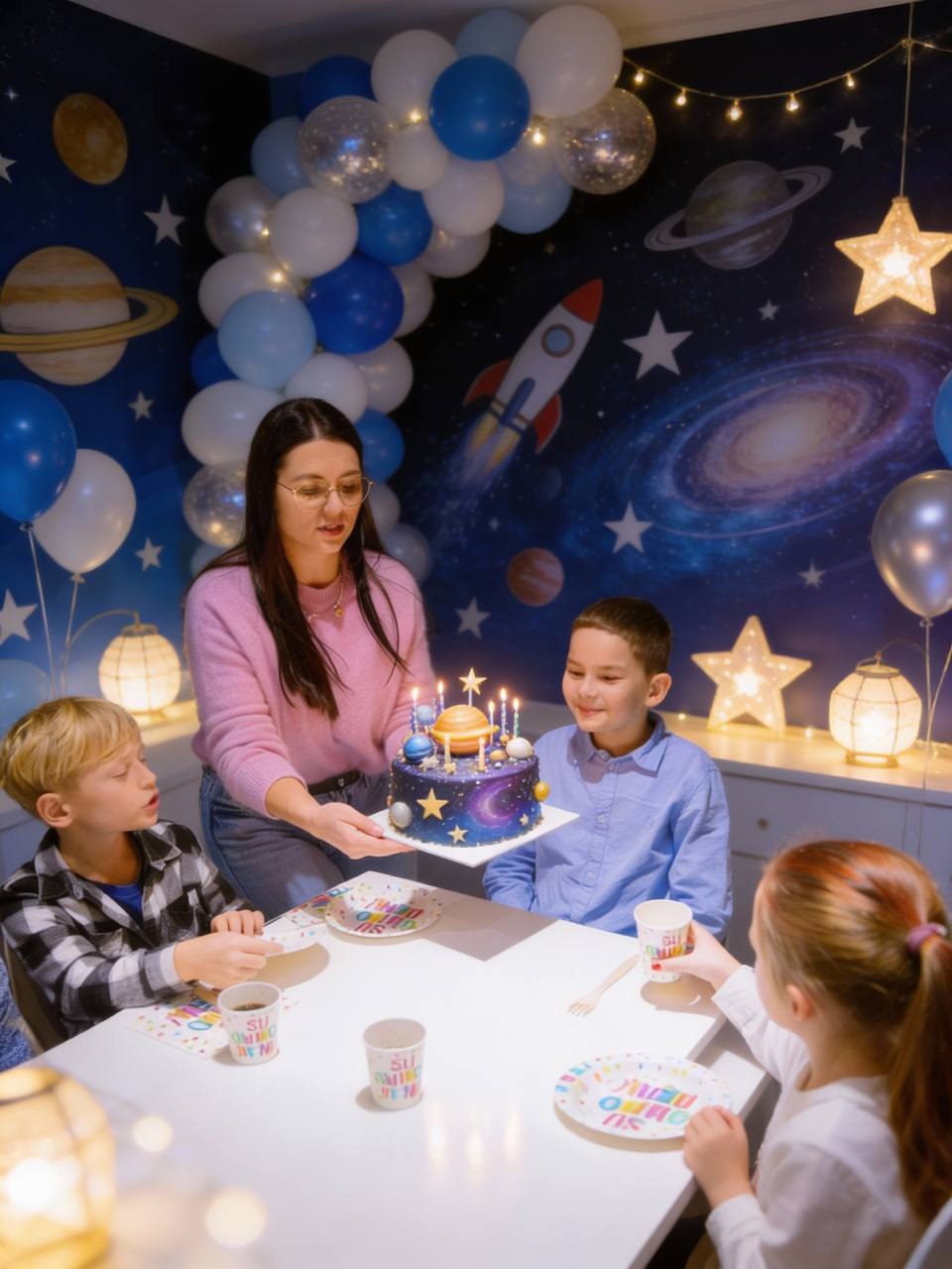 Urodzinowy tort z planetami i świeczkami, trzymany przez kobietę, otoczony dziećmi przy stole w pokoju z kosmicznym motywem i balonami.