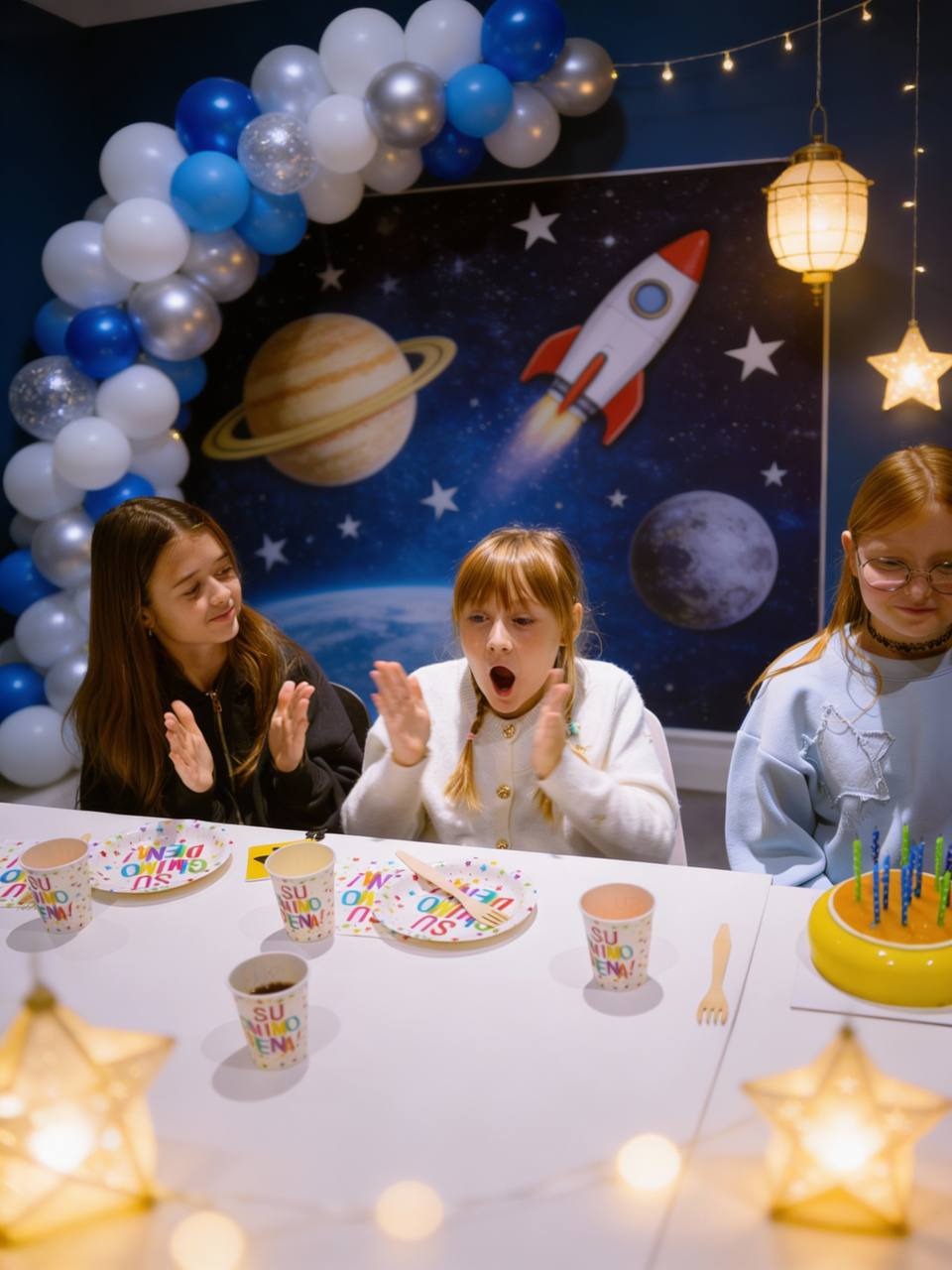 Urodzinowe przyjęcie w kosmicznym stylu: dziewczynki przy stole z tortem i dekoracjami, balonowa girlanda, rakieta i planety na tle. Radosna atmosfera.
