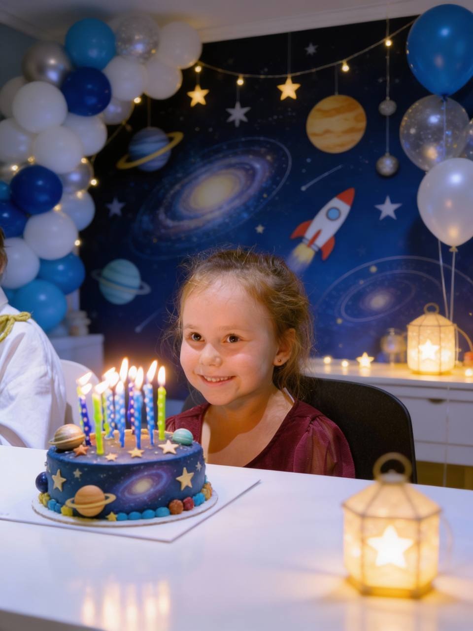 Uśmiechnięta dziewczynka przed tortem urodzinowym z motywem kosmosu, świeczki, balony i dekoracje w tle. Tematyczne przyjęcie urodzinowe.