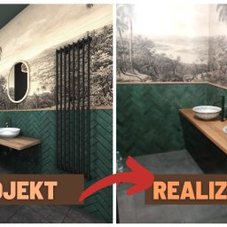 Hubert Słaboń - Porównanie projektu 3D i realizacji łazienki z zielonymi płytkami ułożonymi w jodełkę, umywalkami nablatowymi i tapetą z motywem tropikalnym.