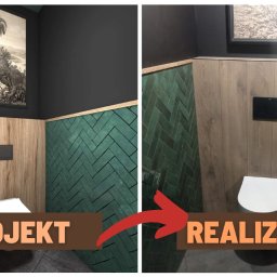 Hubert Słaboń - Porównanie projektu 3D i realizacji wykończenia łazienki: zielona glazura ułożona w jodełkę zestawiona z drewnopodobną okładziną, czarne ściany i rama obrazu.