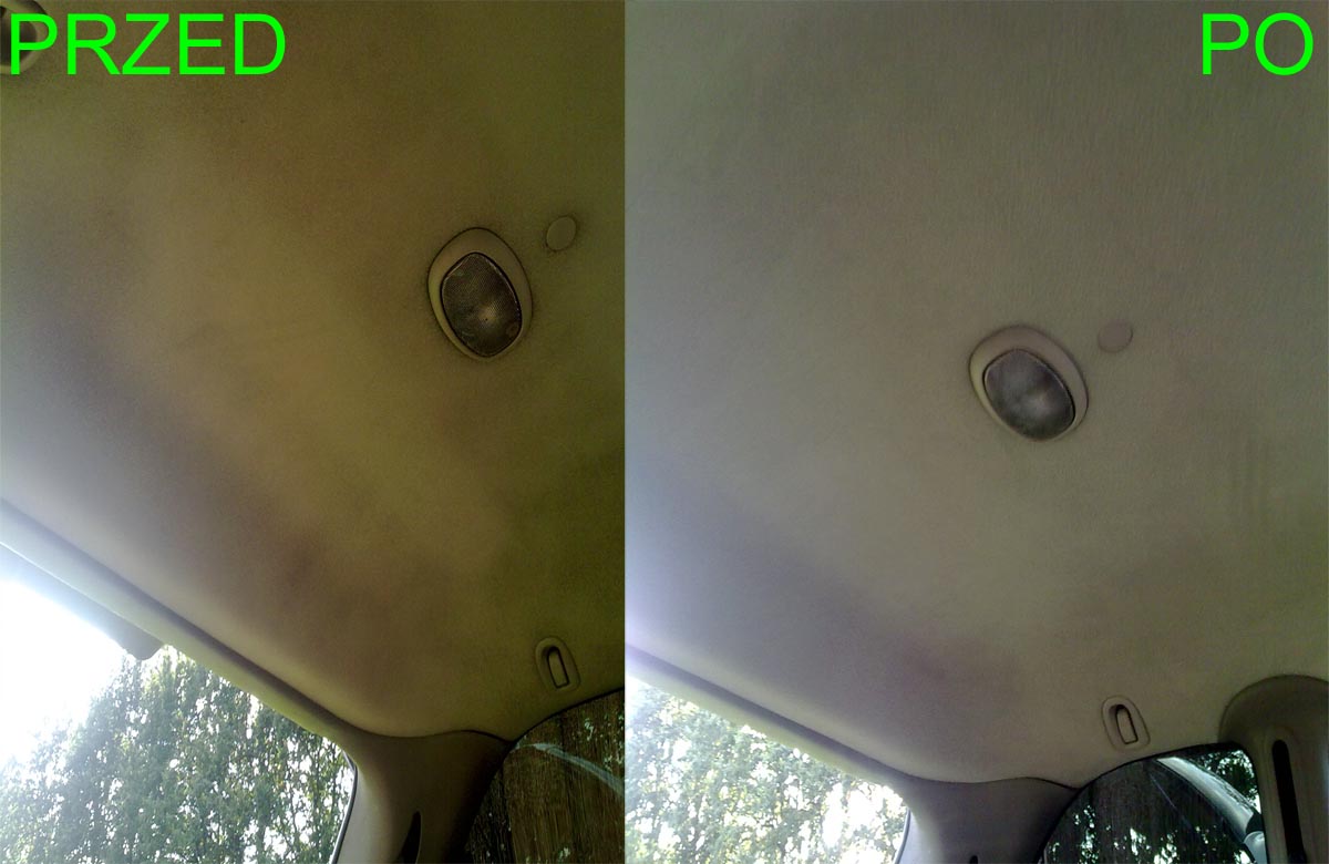 Porównanie: podsufitka samochodowa przed i po czyszczeniu, widoczne różnice w odcieniu i czystości materiału, oświetlenie wnętrza, tło z zielenią drzew widoczne przez okno.