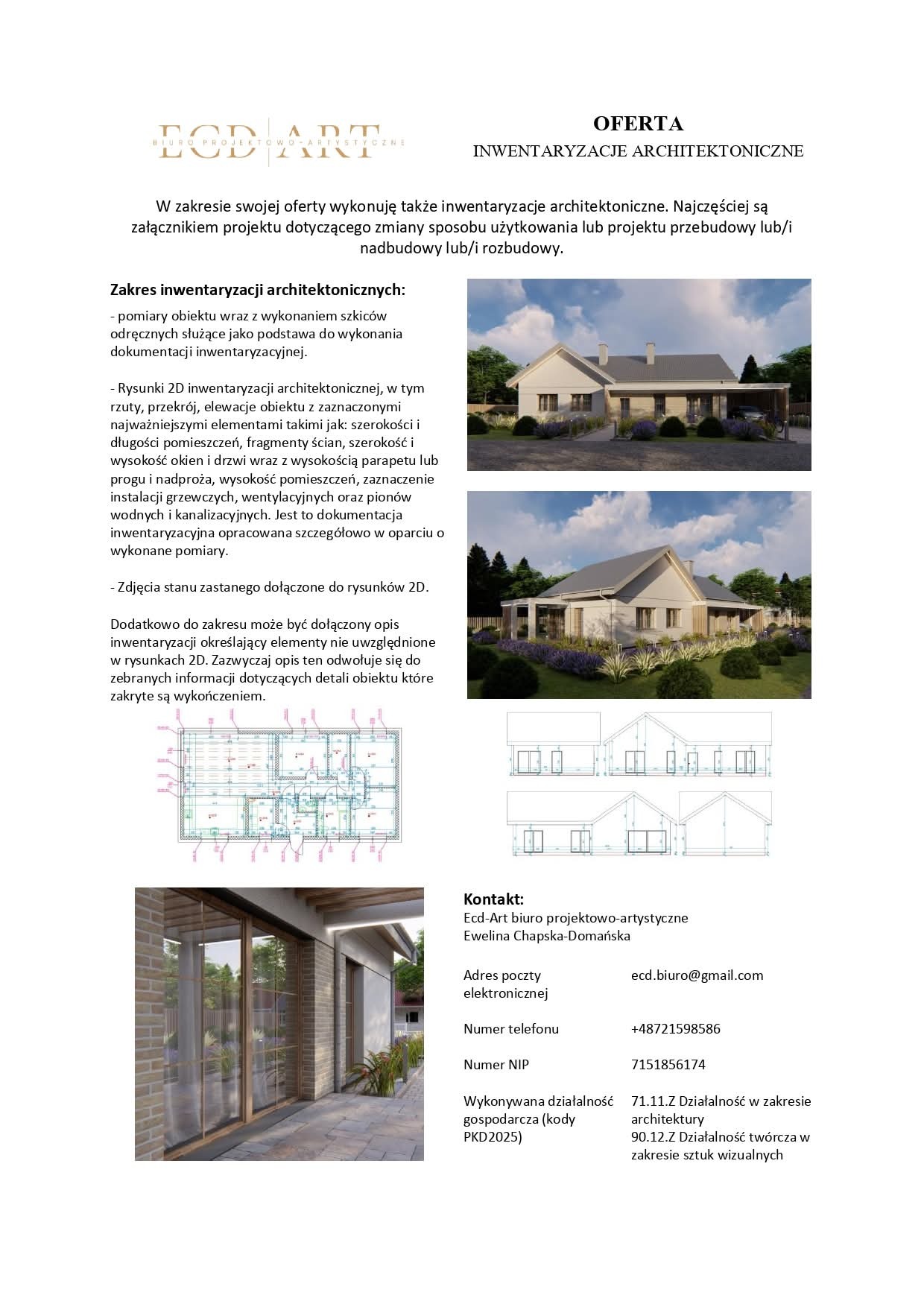 Oferta inwentaryzacji architektonicznej: wizualizacje 3D domu, rzuty 2D, elewacje z wymiarami, dane kontaktowe biura projektowego Ecd-Art.
