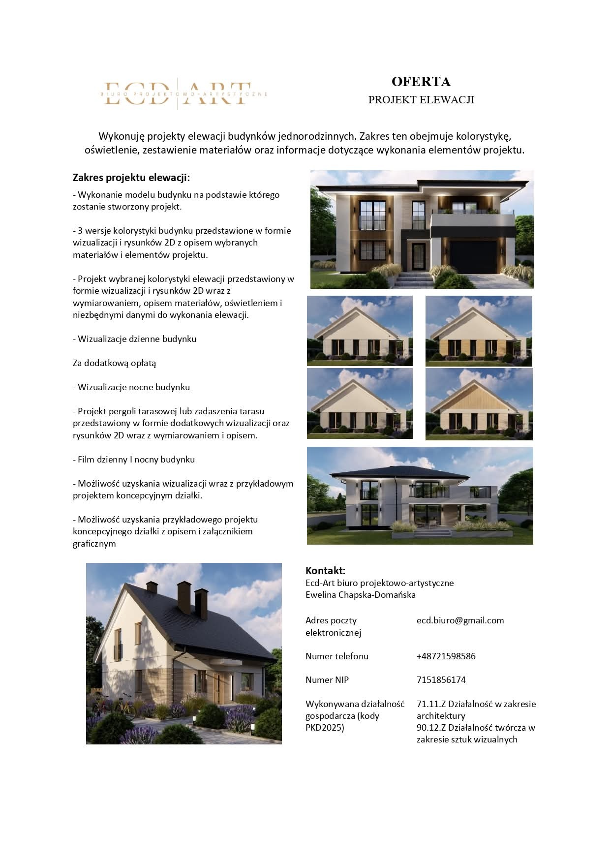 Oferta projektowania elewacji: wizualizacje 3D domu jednorodzinnego w różnych wariantach kolorystycznych, prezentowane w formie kolażu z opisem zakresu usług.