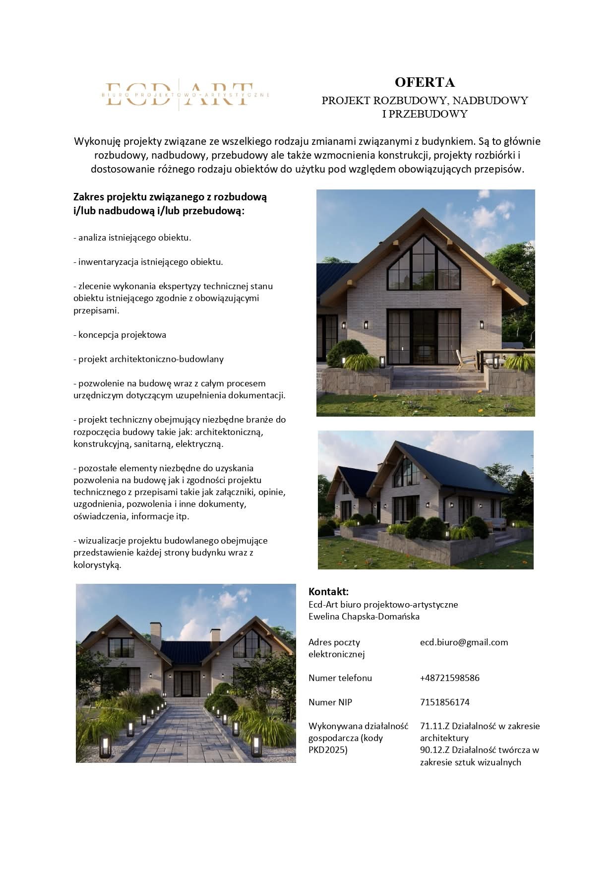 Oferta biura projektowego: wizualizacja domu z jasnej cegły z dużymi oknami i czarnymi ramami, otoczonego zielenią. Nowoczesny design z elementami naturalnymi.