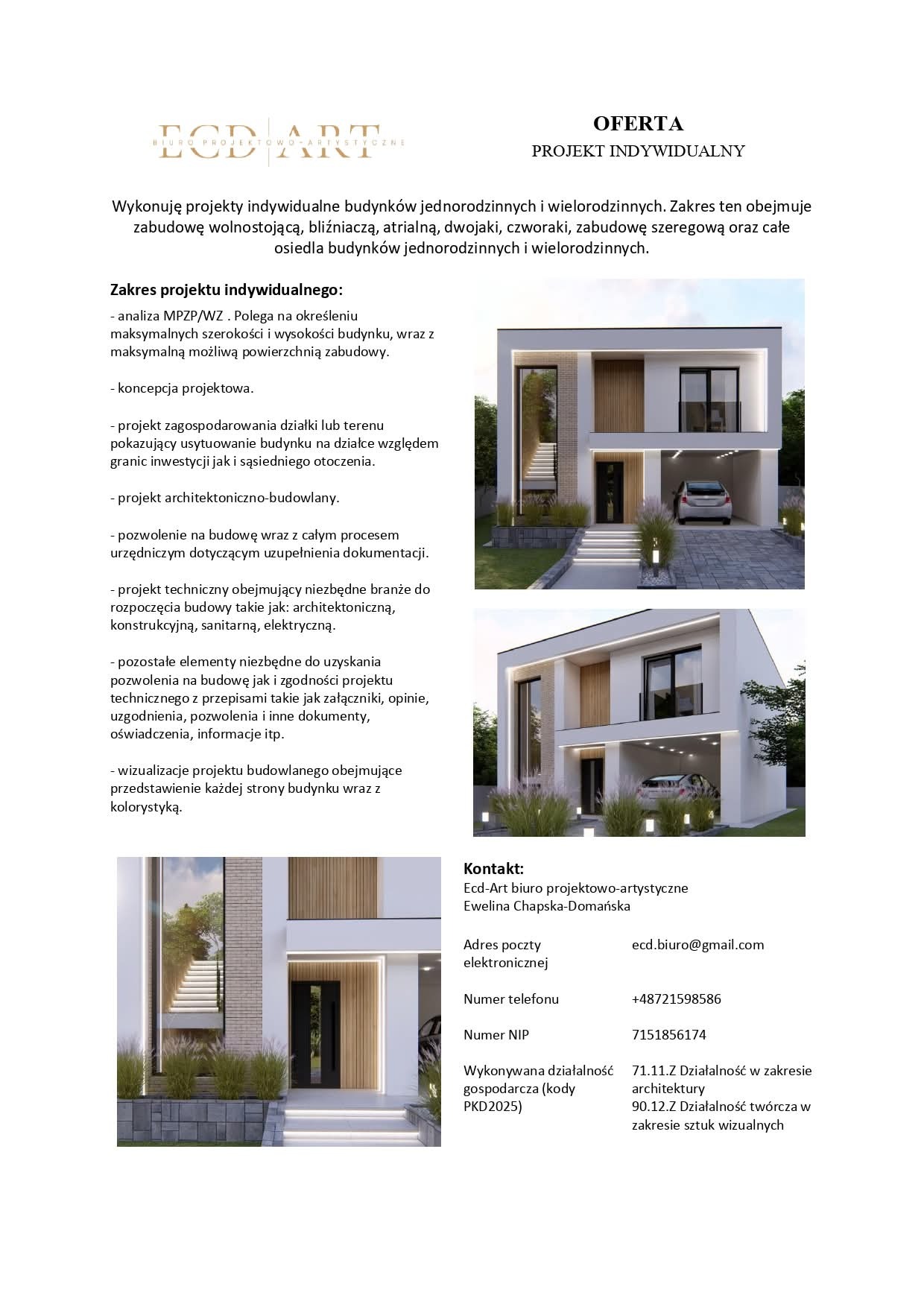 Oferta biura projektowego: wizualizacja nowoczesnego domu dwukondygnacyjnego z garażem, minimalistyczna elewacja w bieli i drewnie, otoczenie z zielenią.