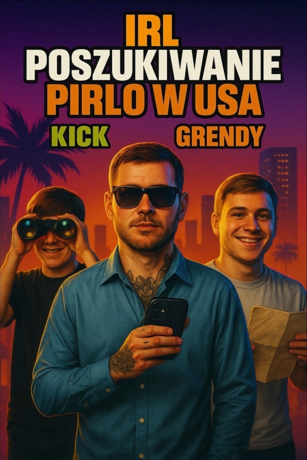 Grafika z trzema mężczyznami na tle miasta, z napisem 'IRL Poszukiwanie Pirlo w USA', z elementami palm i budynków. Jeden z mężczyzn trzyma telefon.