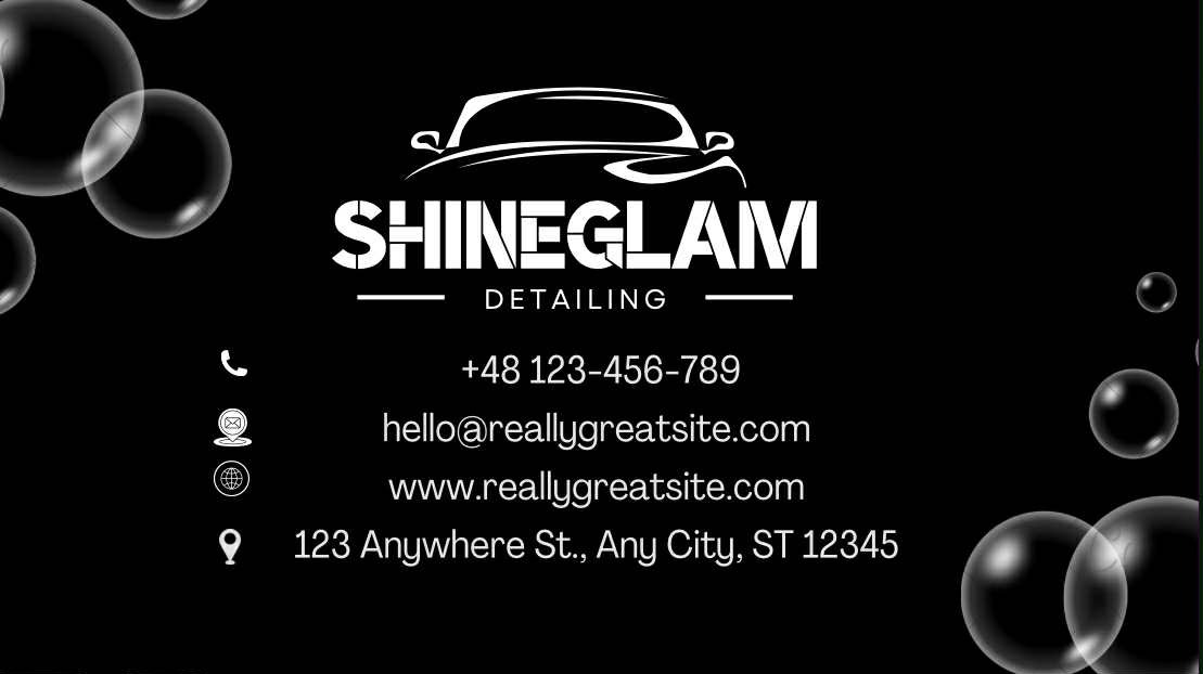 Czarno-biała wizytówka z logo firmy detailingowej 'Shineglam', stylizowanym rysunkiem auta i danymi kontaktowymi na tle z bąbelkami. Minimalistyczny design.