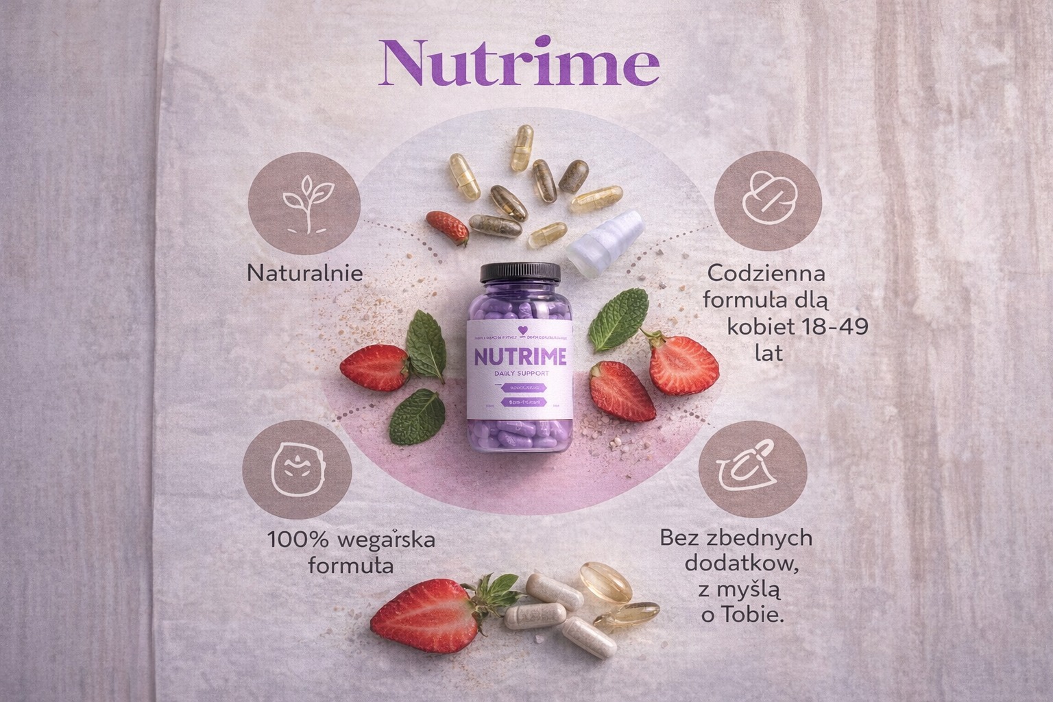 Grafika reklamowa suplementu diety Nutrime w fioletowym opakowaniu, otoczonego kapsułkami, truskawkami i listkami mięty na tle z tekstami promocyjnymi.