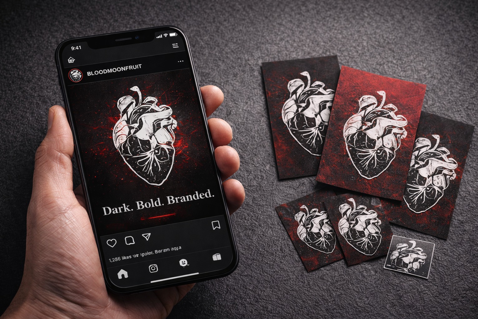 Telefon w dłoni prezentuje post z grafiką serca na Instagramie BLOODMOONFRUIT, obok leżą wizytówki z tym samym motywem na ciemnym tle z czerwonymi akcentami.