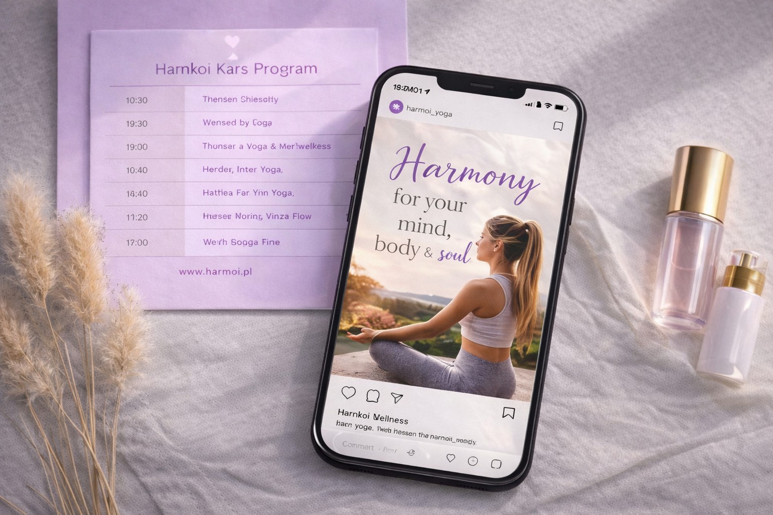 Program zajęć Hamkoi Kars obok smartfona z postem o jodze i hasłem 'Harmony for your mind, body & soul'. Obok flakoniki kosmetyków i trawa pampasowa.