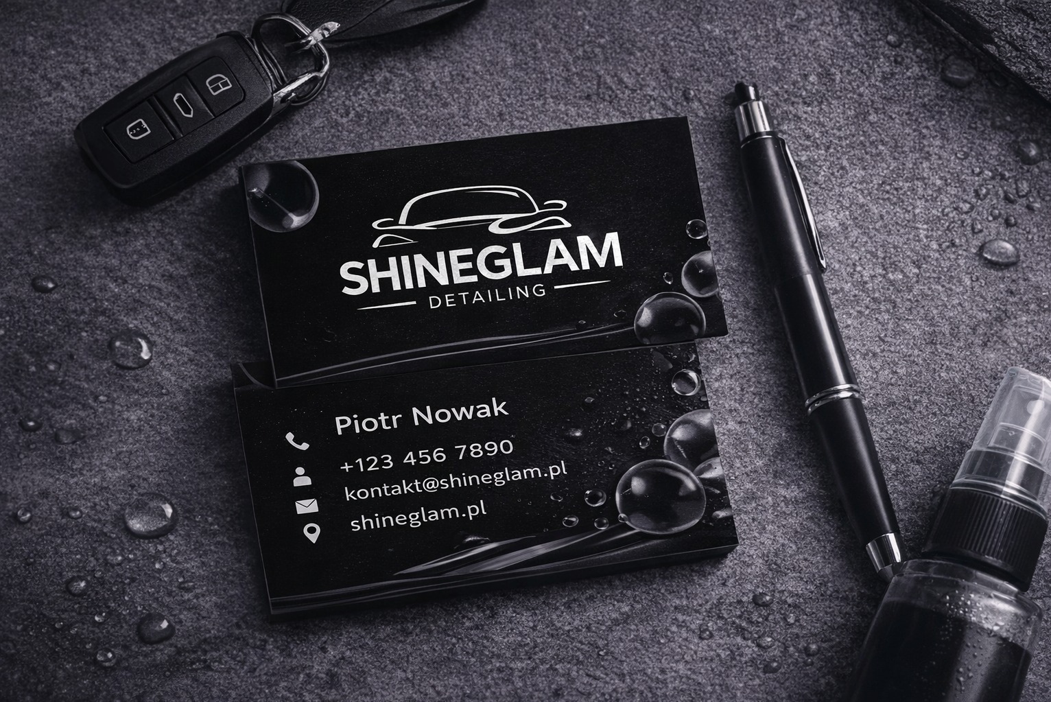 Stylowe, czarno-białe wizytówki Shineglam Detailing z logo auta, leżące na szarym tle z kroplami wody, obok kluczyka samochodowego, długopisu i butelki z atomizerem.