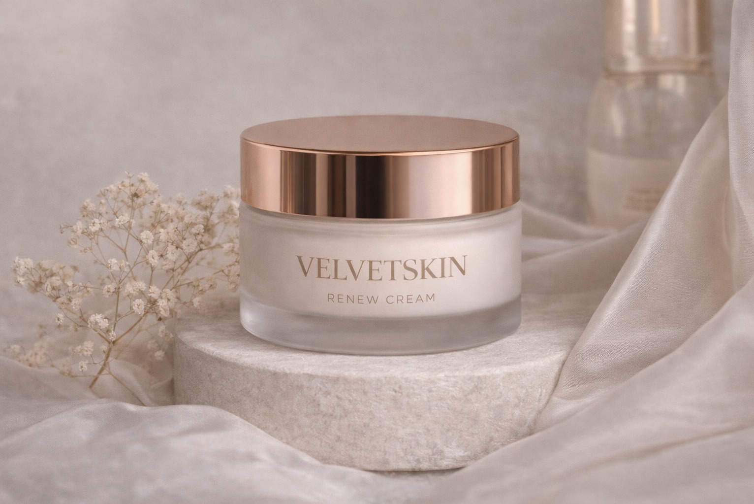 Krem VelvetSkin Renew Cream na kamiennym postumencie, z delikatnymi kwiatami i jedwabną tkaniną w tle. Subtelna kolorystyka i minimalistyczny design produktu.