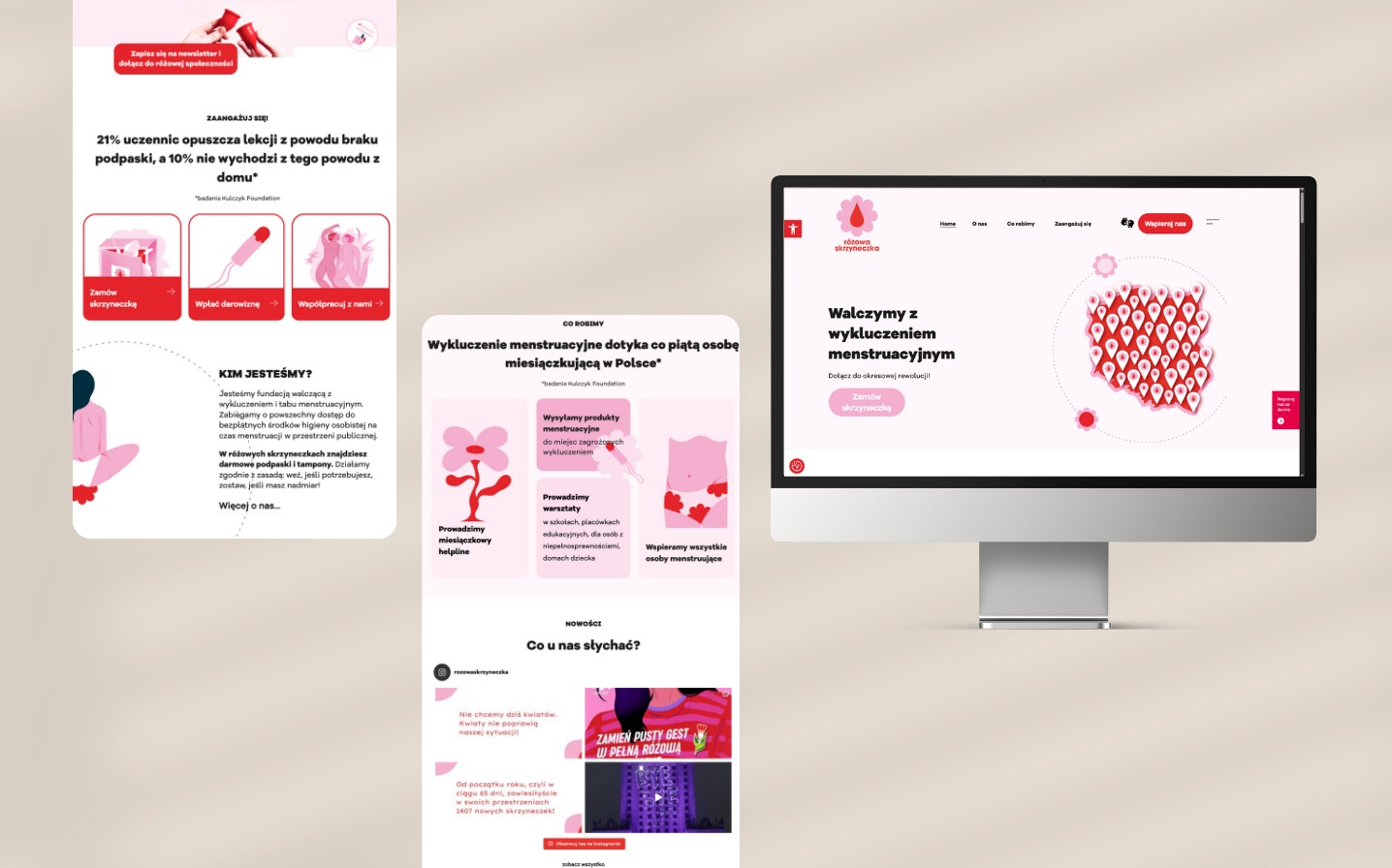 Strona internetowa fundacji Różowa Skrzyneczka na monitorze komputera. Widoczny przekaz o walce z wykluczeniem menstruacyjnym i dostęp do darmowych środków higieny.