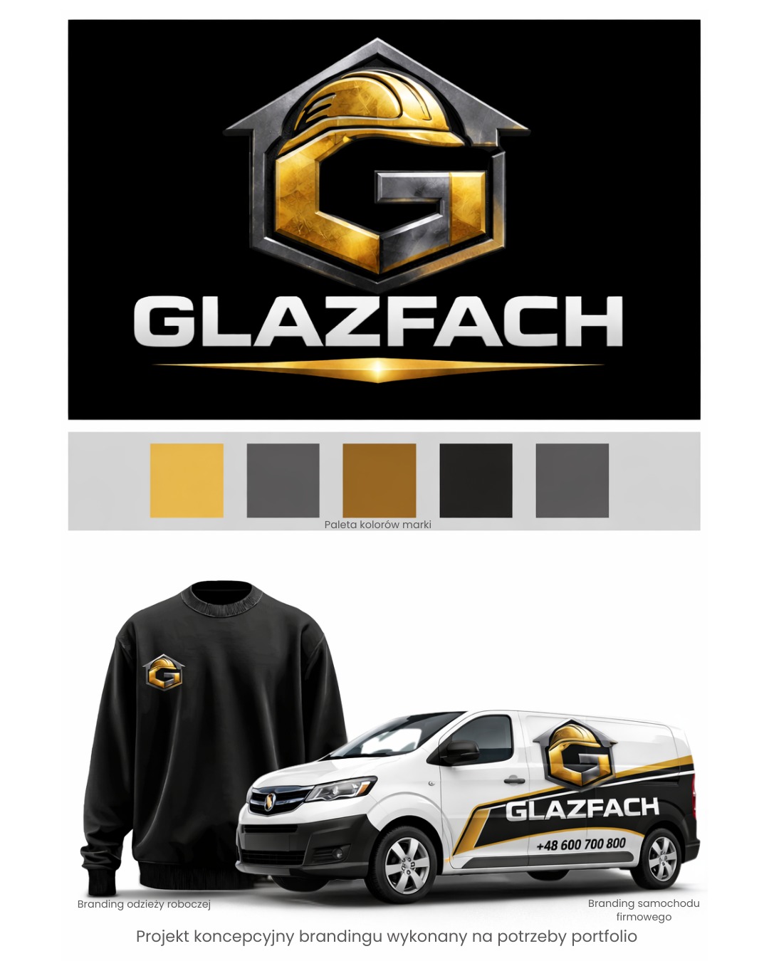 Projekt brandingowy: logo z hełmem, paleta barw, wizualizacja na odzieży roboczej i samochodzie firmowym. Prezentacja identyfikacji wizualnej firmy budowlanej.