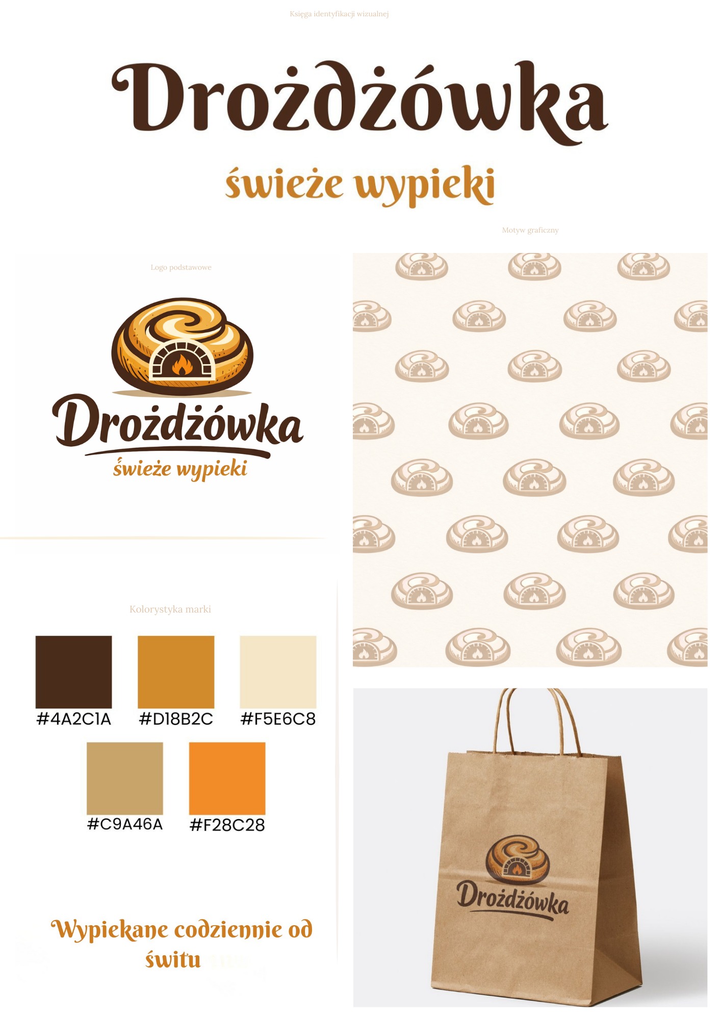 Księga identyfikacji wizualnej marki 'Drożdżówka': logo, motyw graficzny, kolorystyka i torba papierowa z nadrukiem logo. Prezentacja elementów identyfikacji wizualnej.