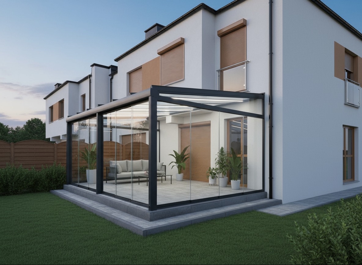 Nowoczesna, przeszklona konstrukcja z czarną ramą, przylegająca do białego domu z brązowymi roletami. Wewnątrz rośliny doniczkowe i szara sofa.