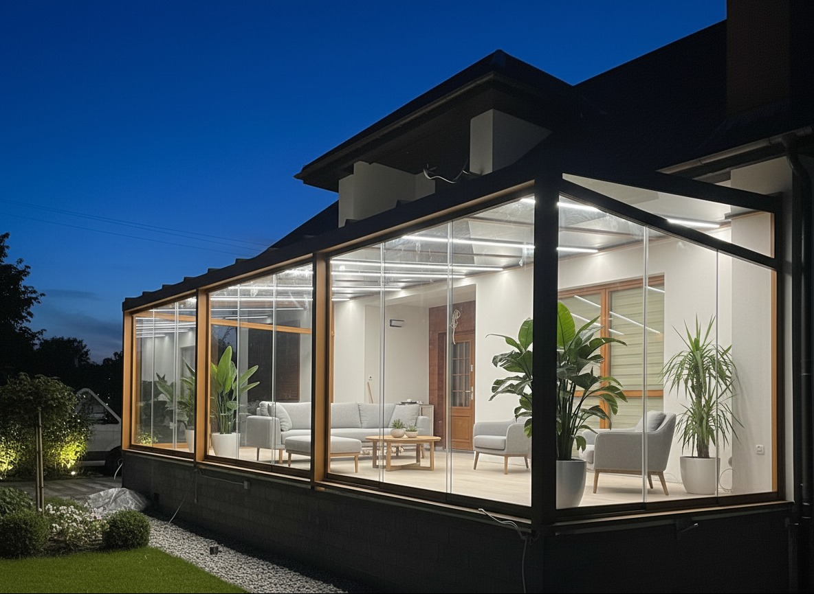 Szklana zabudowa tarasu z drewnianą ramą, oświetlona od wewnątrz, z widocznym salonem i roślinami, sfotografowana o zmierzchu z zewnątrz.