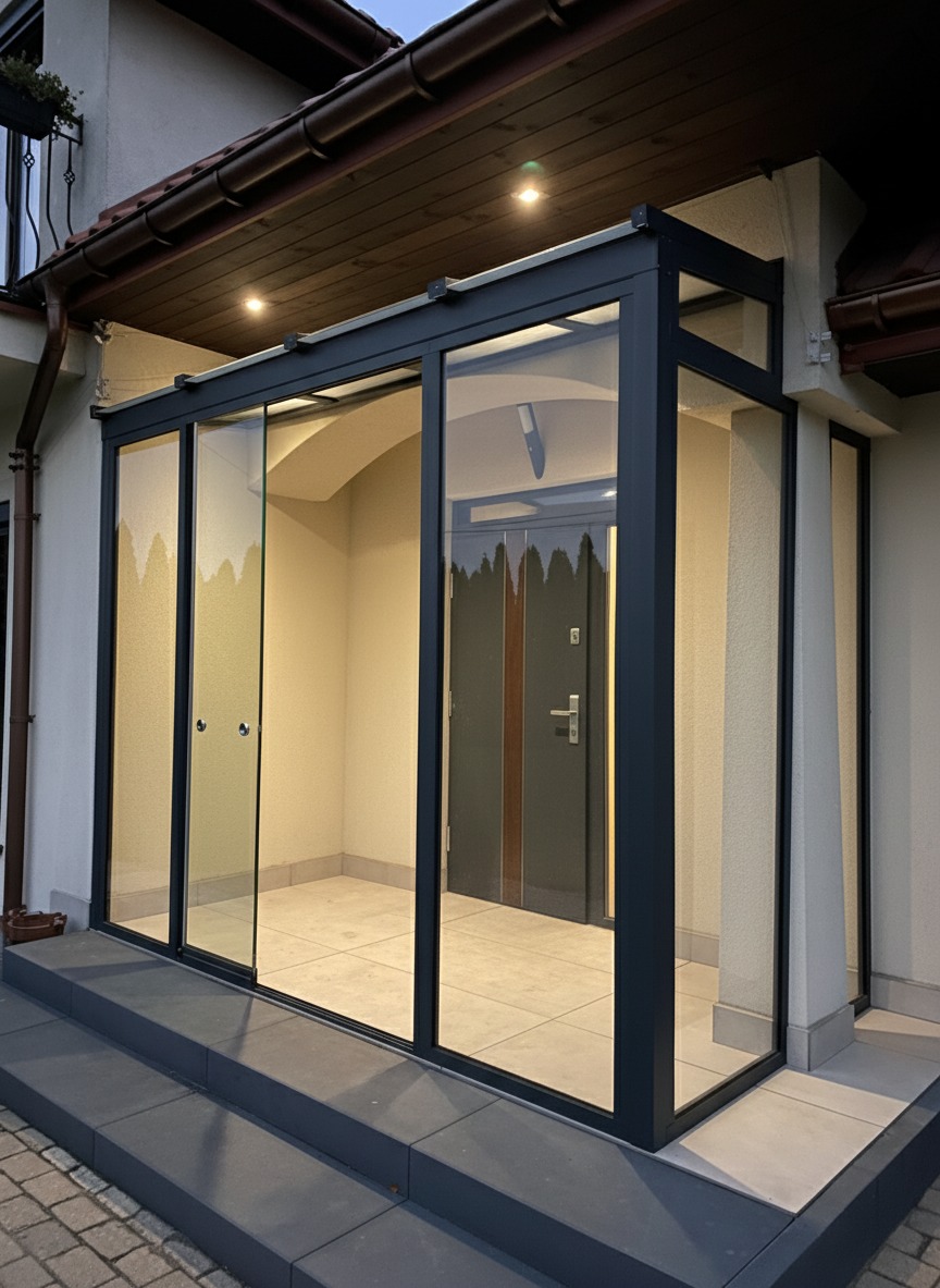 Szklana zabudowa wejścia do domu z czarną ramą, widok z zewnątrz na schody i drzwi wejściowe. Oświetlenie sufitowe wewnątrz.