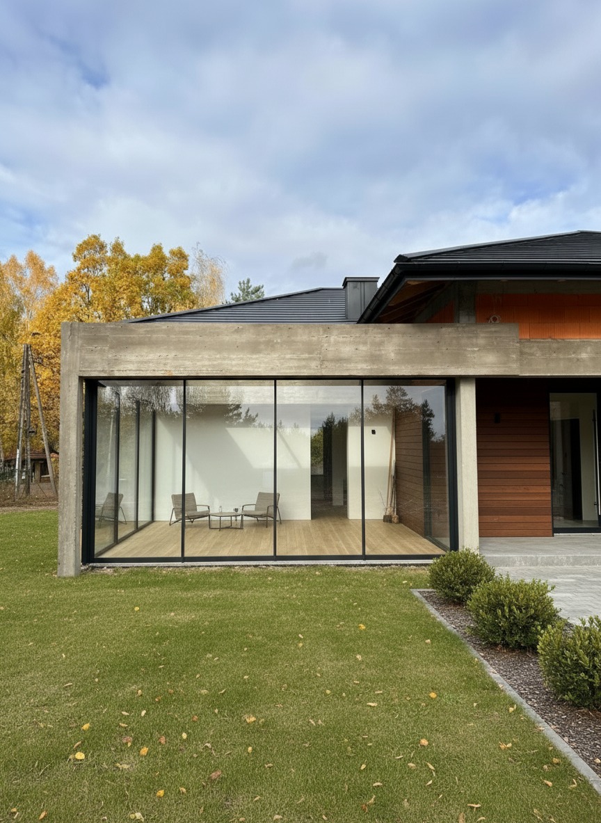 Nowoczesna zabudowa balkonu z betonową konstrukcją i dużymi przeszkleniami, widok z zewnątrz na minimalistyczne wnętrze z meblami ogrodowymi.