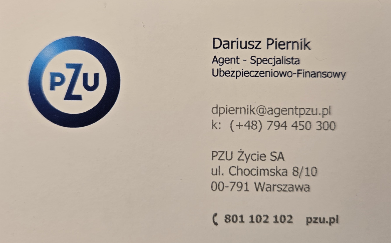 Wizytówka agenta ubezpieczeniowego PZU Życie SA: Dariusz Piernik, agent-specjalista, kontakt: dpiernik@agentpzu.pl, tel. 794 450 300, adres: ul. Chocimska 8/10, Warszawa.