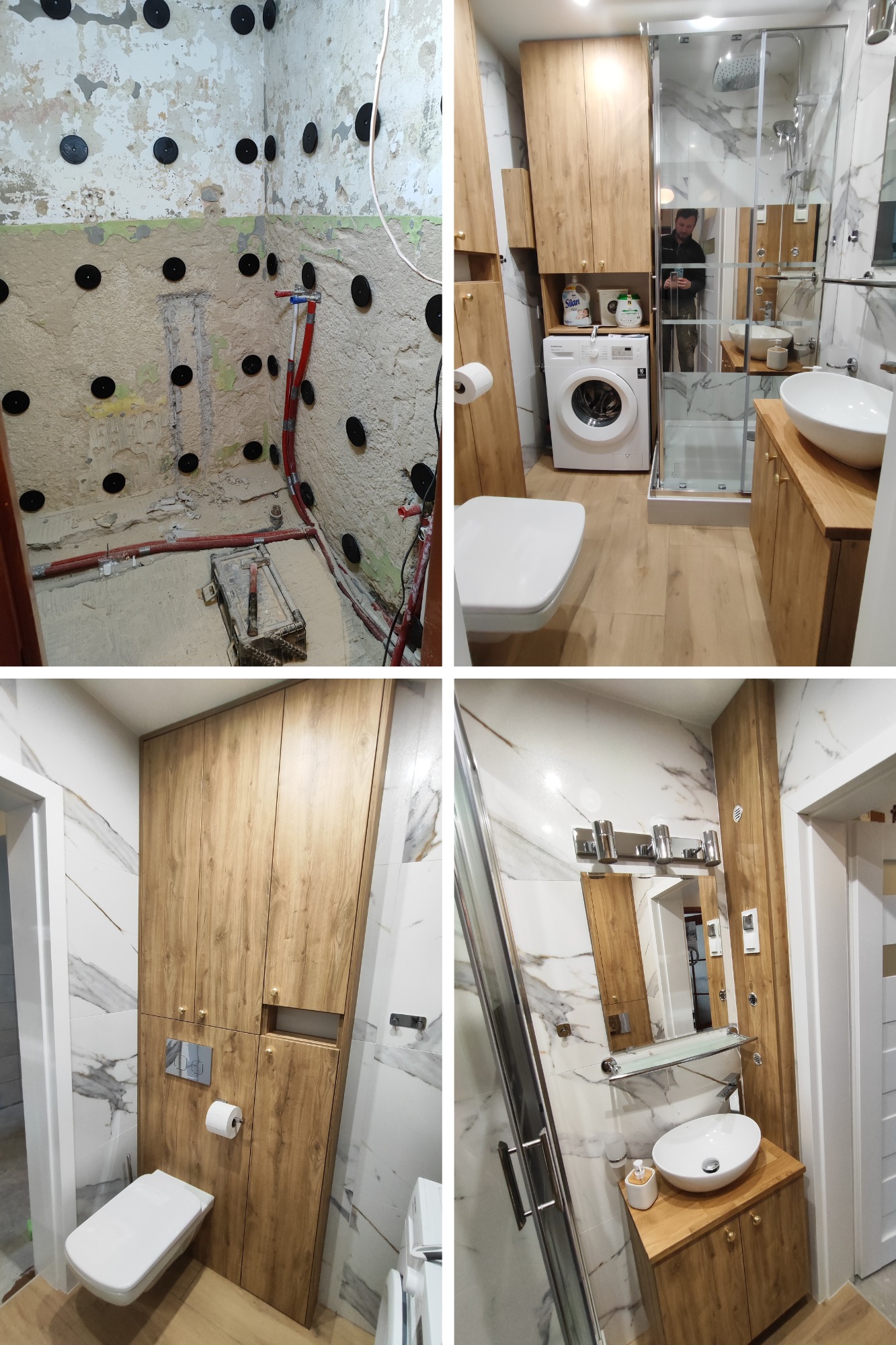 Remont łazienki: kolaż 'przed i po' z widokiem na surową ścianę z instalacją oraz wykończoną łazienkę z drewnianymi szafkami, umywalką i kabiną prysznicową.