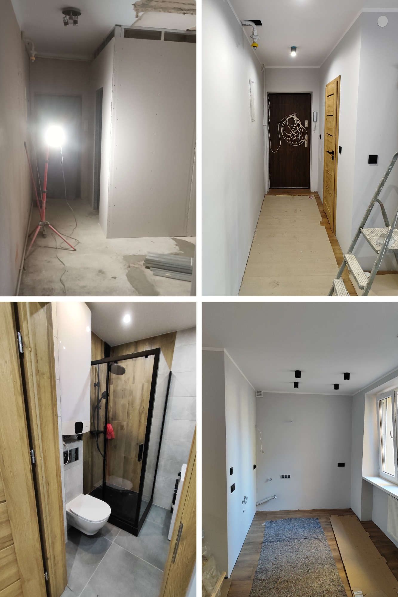 Kolaż czterech zdjęć: surowy stan, kable przy drzwiach, łazienka po remoncie z kabiną i toaletą, pokój z oknem i panelami. Etapy wykończenia wnętrz.