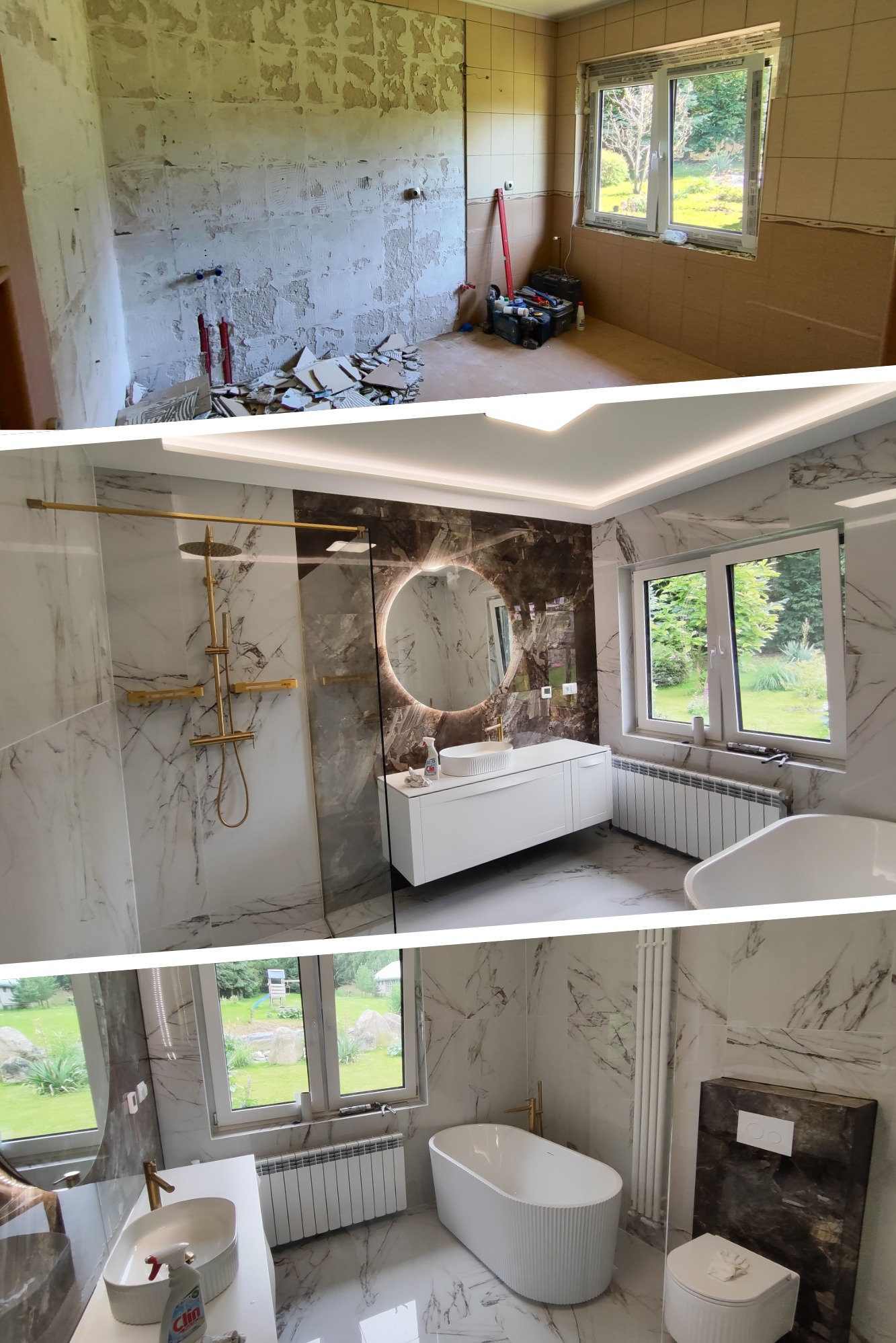 Kompleksowa metamorfoza łazienki: od stanu surowego z resztkami płytek po eleganckie wnętrze z marmurowymi płytkami, złotą armaturą i nowoczesnym oświetleniem.