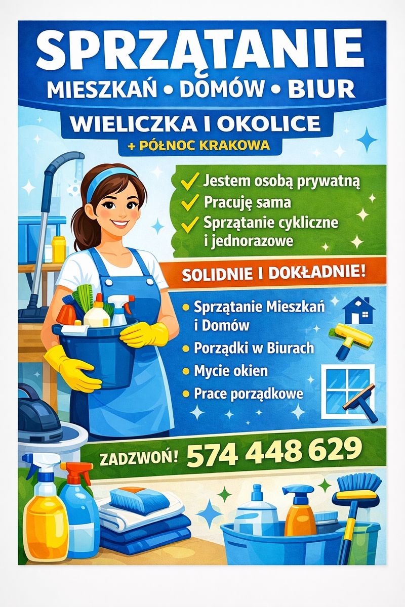 Ilustracja reklamowa usług sprzątania mieszkań, domów i biur w Wieliczce i okolicach, z numerem telefonu. Grafika z uśmiechniętą kobietą i akcesoriami do sprzątania.