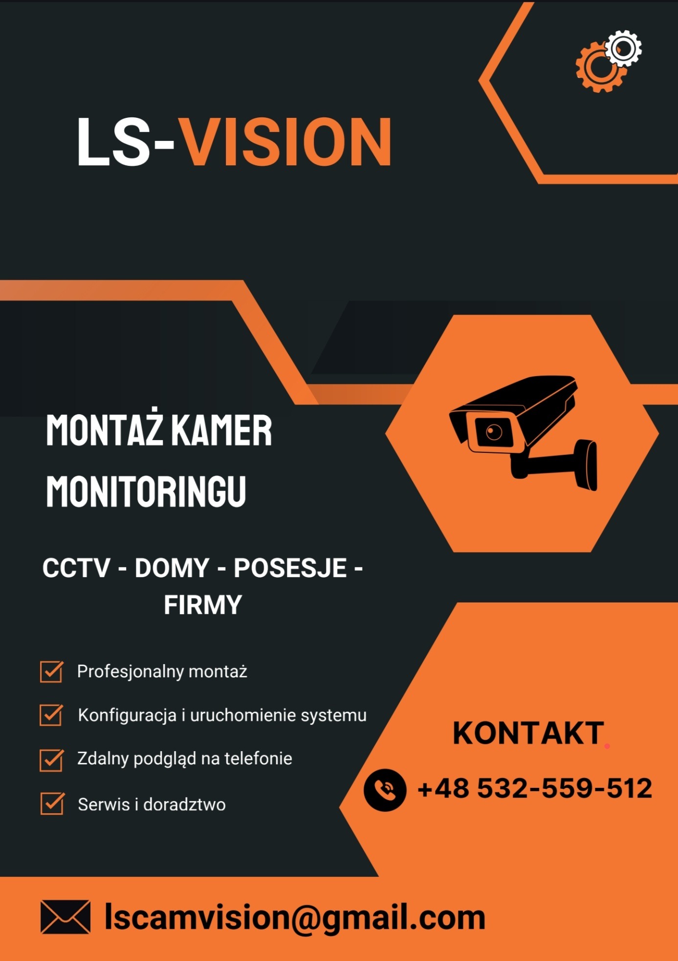 Grafika reklamowa LS-Vision: montaż kamer monitoringu CCTV dla domów, posesji i firm. Profesjonalny montaż, konfiguracja, zdalny podgląd i serwis. Kontakt: +48 532-559-512.