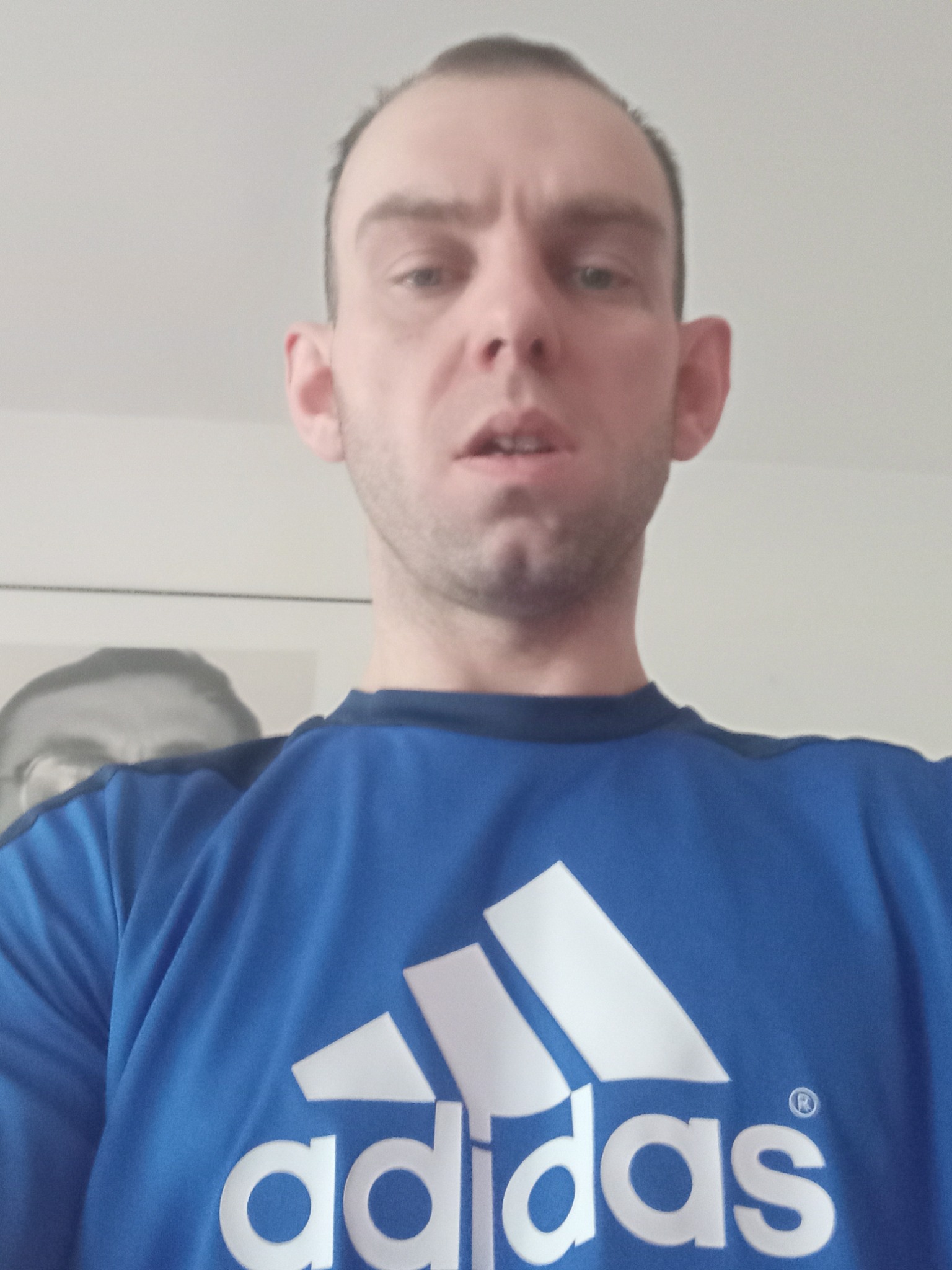 Mężczyzna w niebieskiej koszulce Adidas, selfie z dołu, widoczna część twarzy i tors, w tle jasna ściana z obrazem.