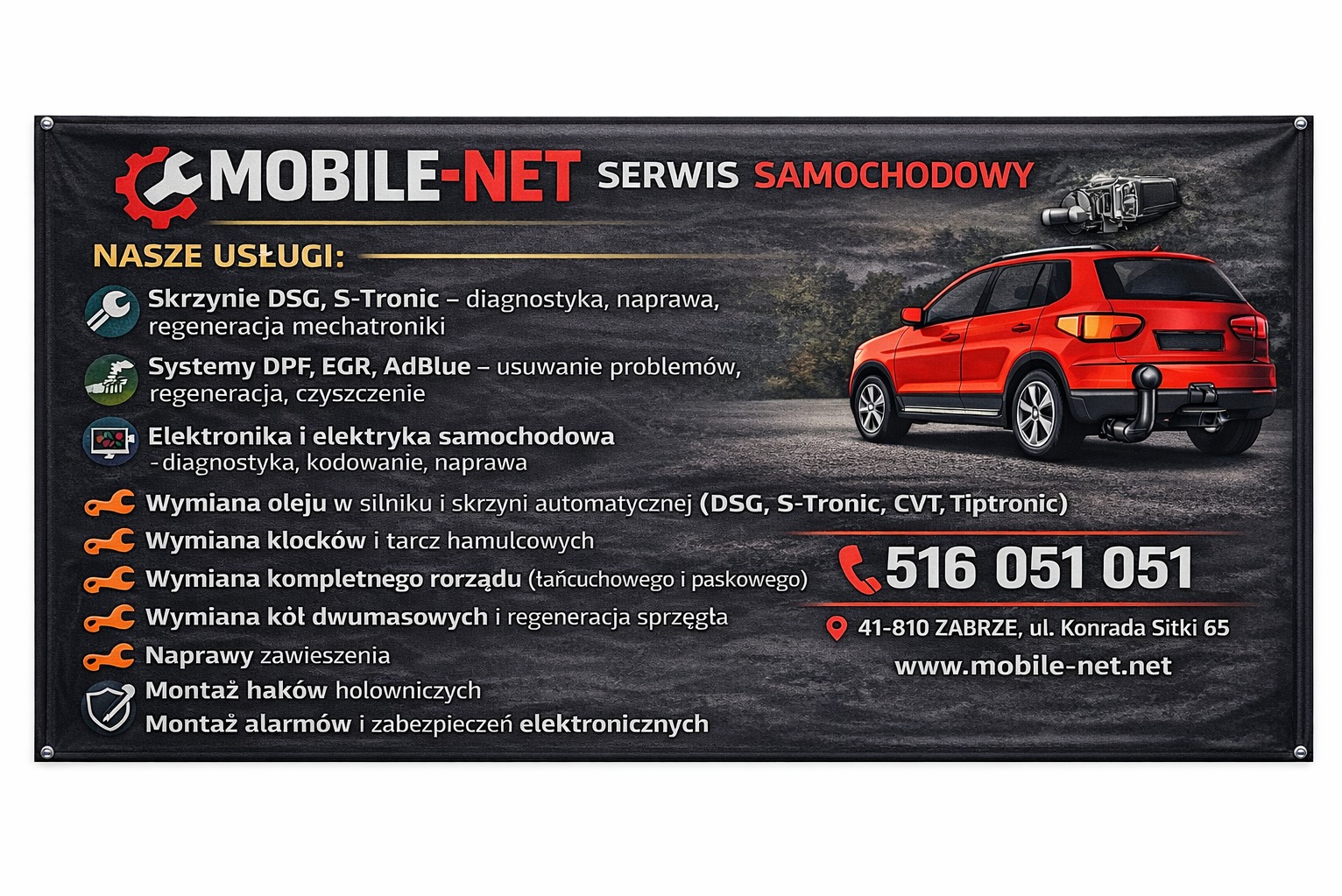 Baner reklamowy serwisu samochodowego Mobile-Net z ofertą usług: diagnostyka, naprawa skrzyń DSG, S-Tronic, systemów DPF, EGR, AdBlue, elektroniki i elektryki samochodowej.