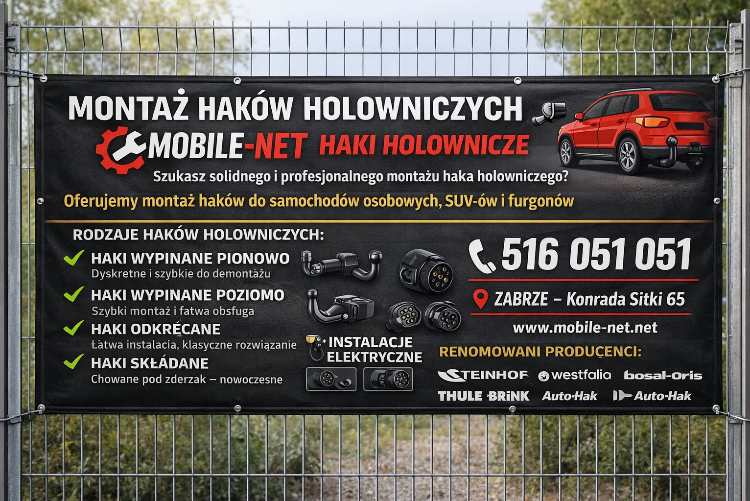 Baner reklamowy z ofertą montażu haków holowniczych Mobile-Net, prezentujący różne typy haków, instalacje elektryczne i dane kontaktowe firmy z Zabrza.