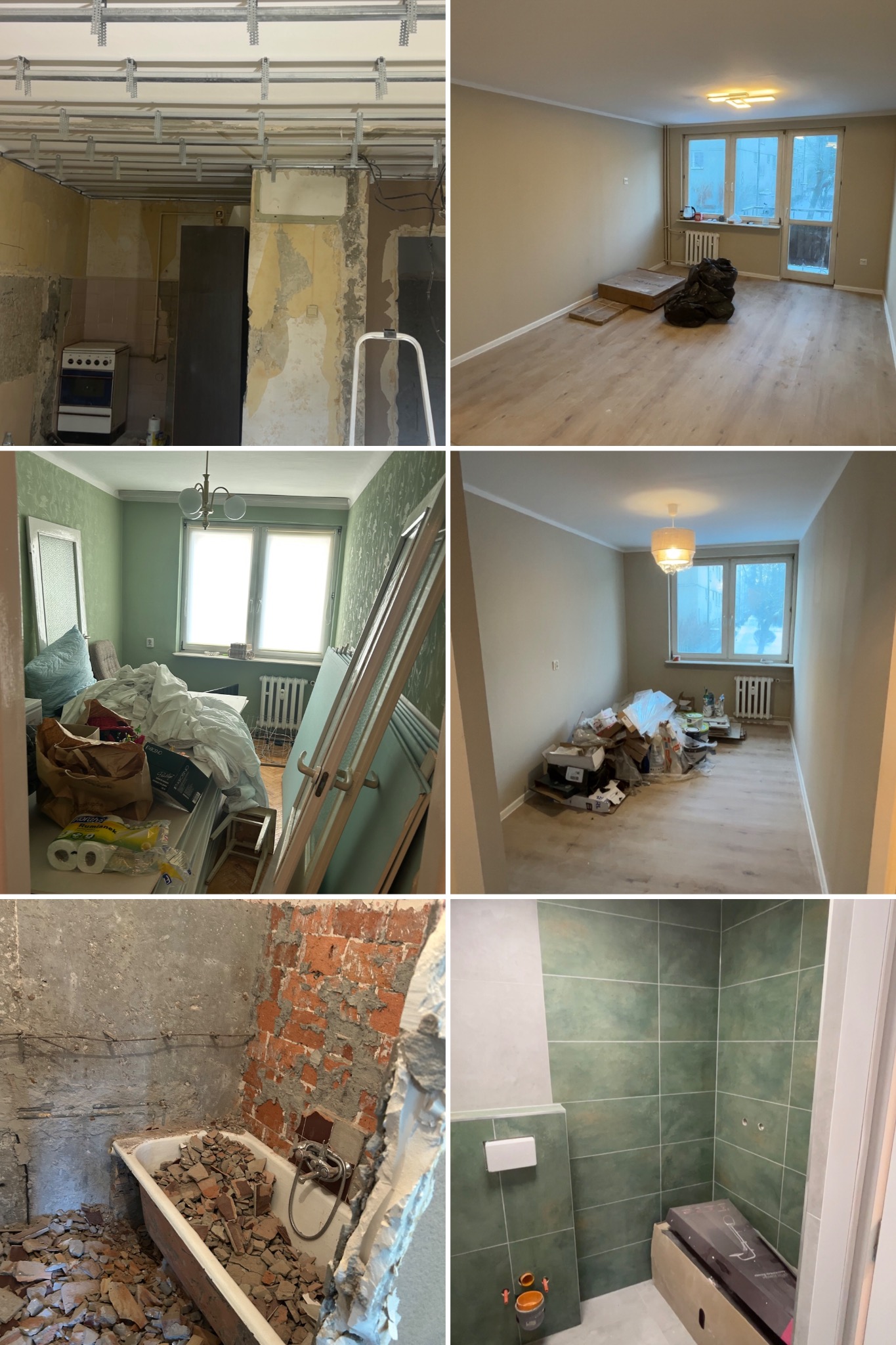 Kolaż zdjęć prezentujący remont mieszkania: pokoje przed i po, łazienka w trakcie i po remoncie. Widoczne zmiany w wykończeniu, od stanu surowego do odnowionego.
