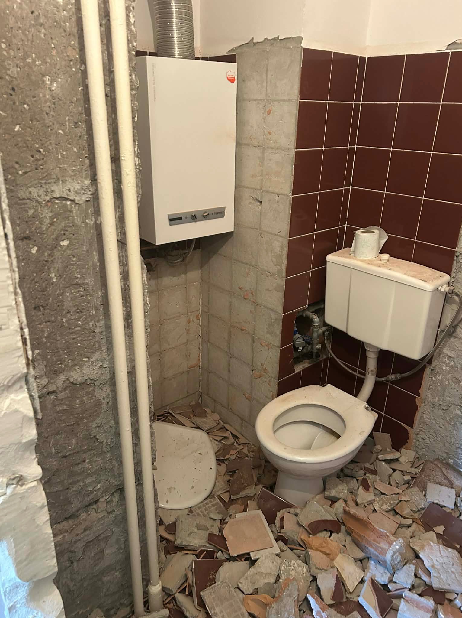 Demontaż starej łazienki: fragmenty płytek na podłodze, wiszący bojler, toaleta ze spłuczką. Widoczne ślady po skuciu płytek na ścianach.