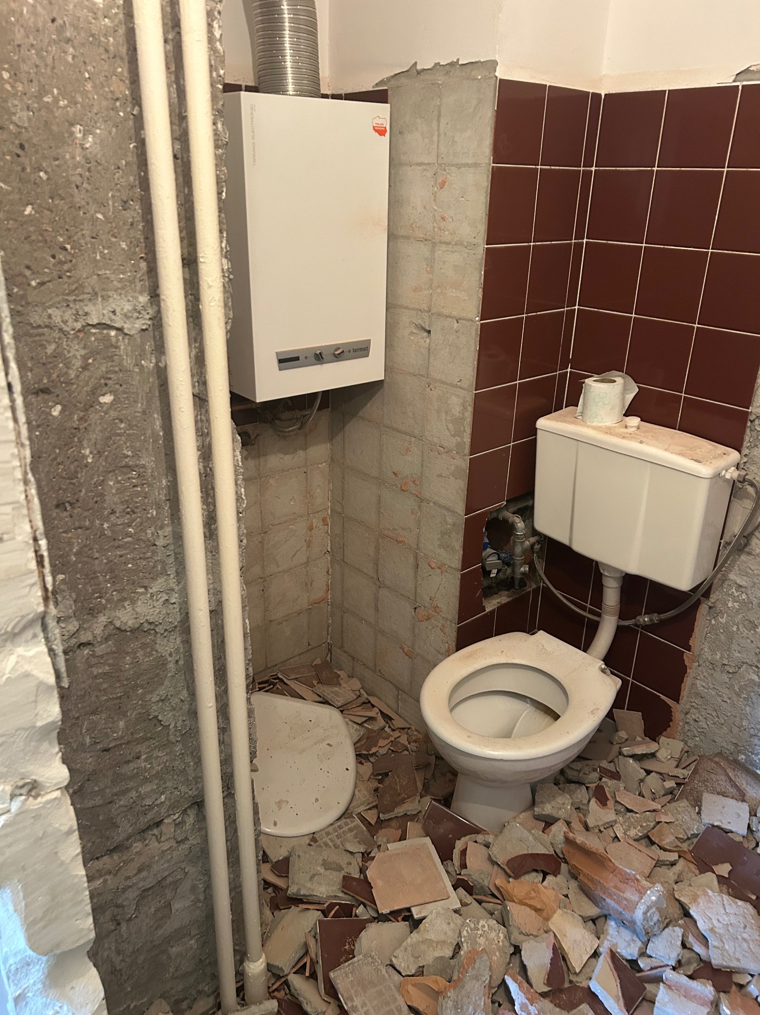 Łazienka w trakcie demontażu: widoczne fragmenty płytek, toaleta, bojler. Ściany częściowo skute, ukazujące surowy beton. Ujęcie z bliska, podkreślające etap prac.