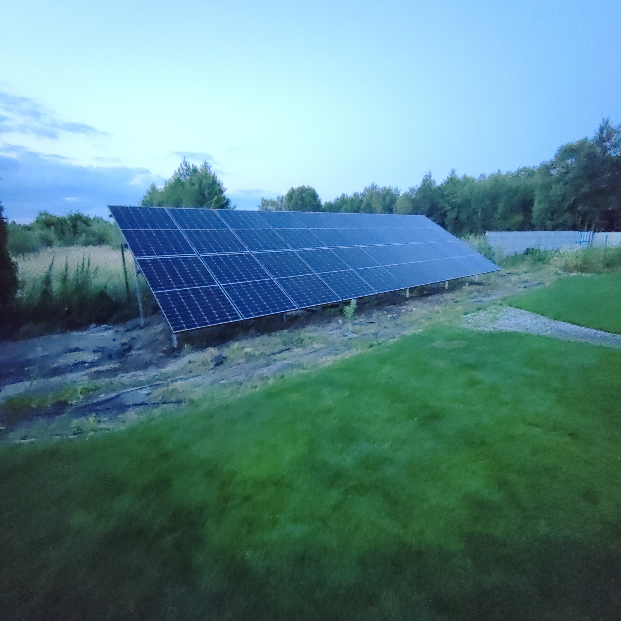 Instalacja fotowoltaiczna na gruncie, widok z perspektywy trawnika, panele skierowane ku niebu, otoczone zielenią i drzewami w tle, wykonane w pochmurny dzień.