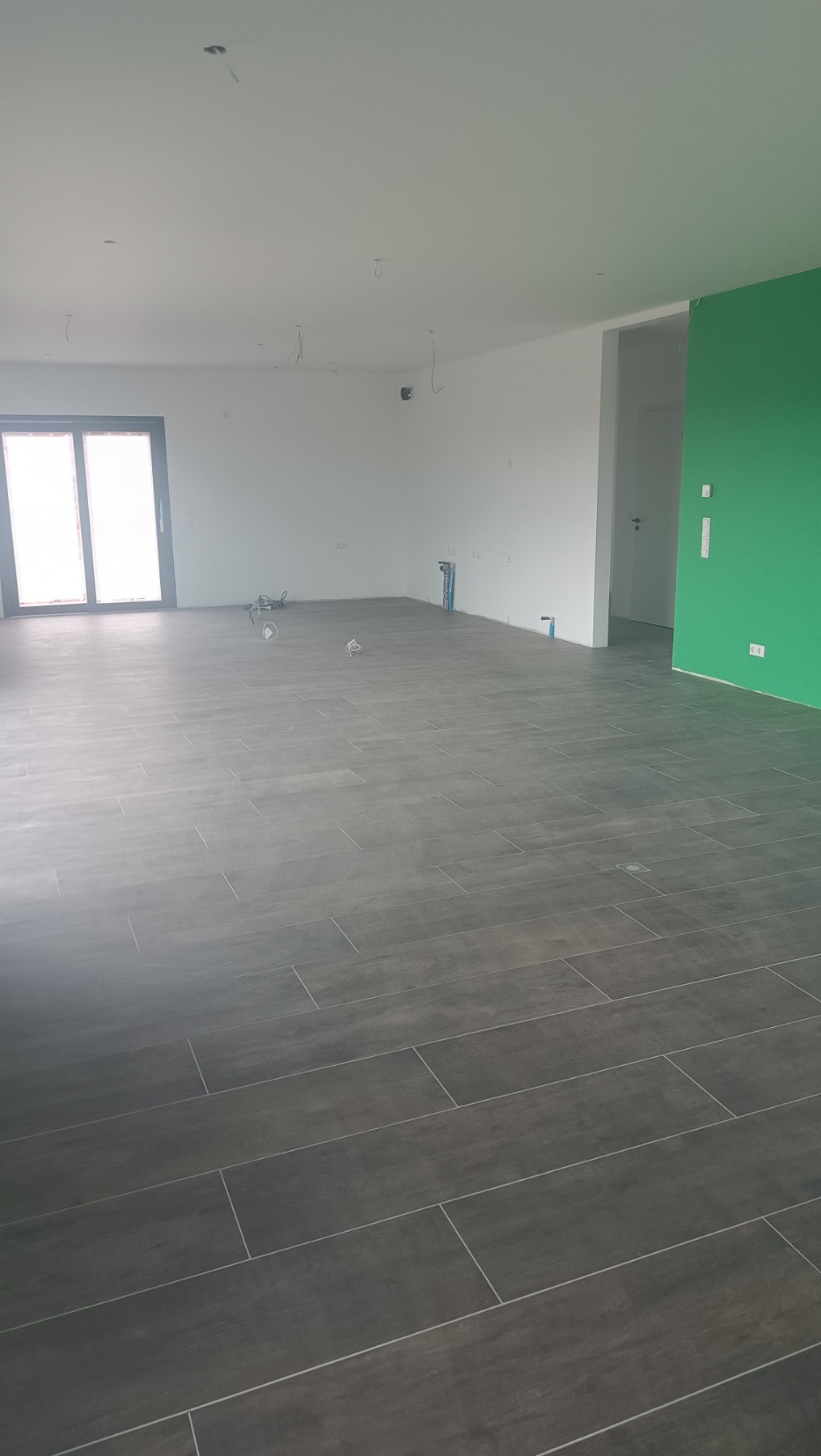 Ułożona, ciemnoszara podłoga z płytek imitujących drewno w przestronnym, jasnym pomieszczeniu z zieloną ścianą. Widoczne instalacje elektryczne i wodne.