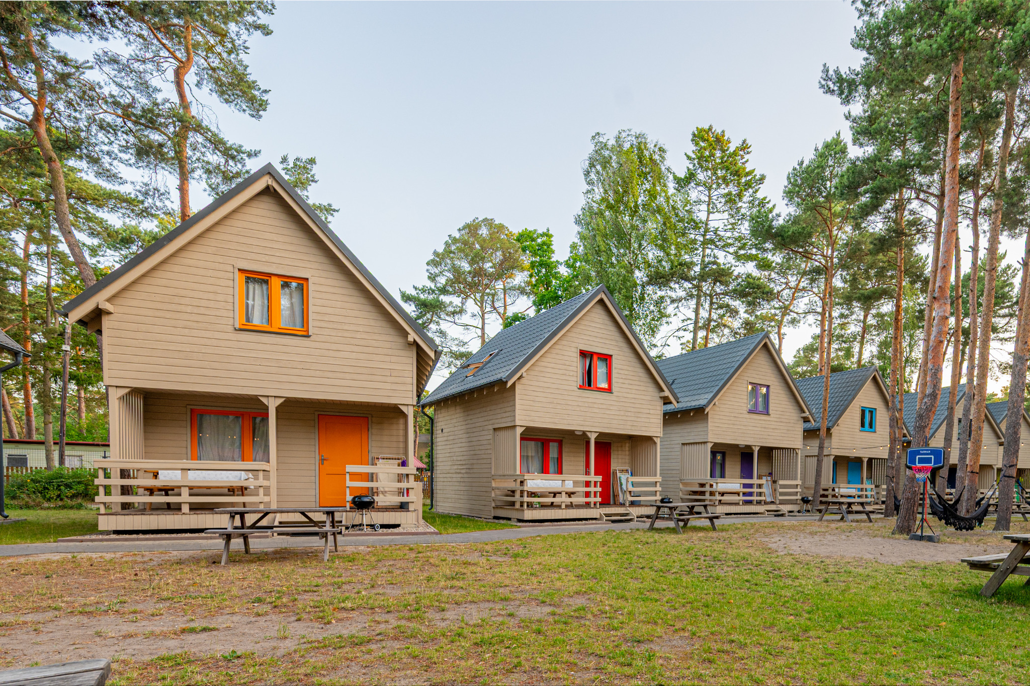 Rząd identycznych, drewnianych domków letniskowych z kolorowymi ramami okien i drzwiami, otoczonych sosnowym lasem i trawnikiem, tworzących spójny kompleks wypoczynkowy.