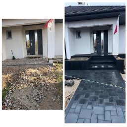 PAWIMAR - Porównanie stanu przed i po: ułożona, ciemnoszara kostka brukowa przed wejściem do domu, schody z kostki, flaga Polski. Po lewej teren przygotowany pod kostkę.