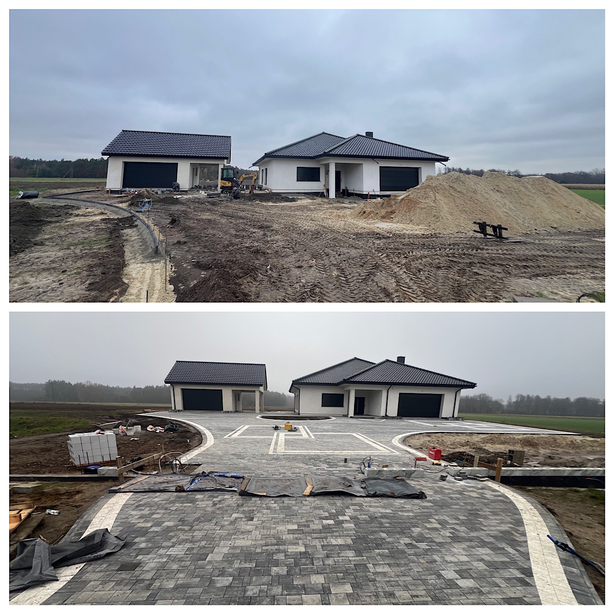 Dwa ujęcia: plac budowy z domem i garażem przed ułożeniem kostki oraz widok po ułożeniu szarej kostki brukowej z białymi akcentami na podjeździe.