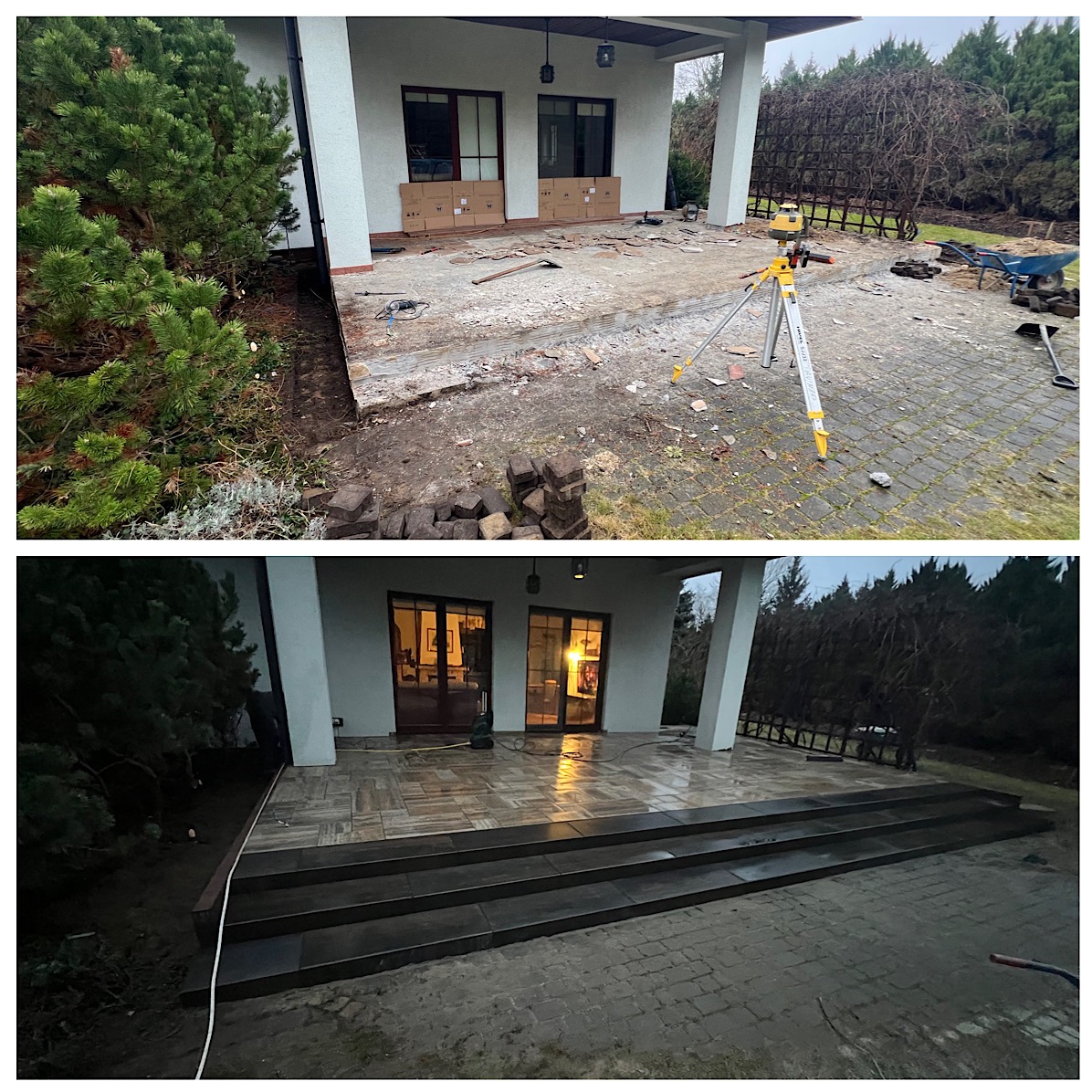 Zdjęcie 'przed i po' przedstawia taras: w górnej części zdemontowana kostka, w dolnej - ułożona, ciemna kostka z trzema schodami. Widoczny laser niwelacyjny.