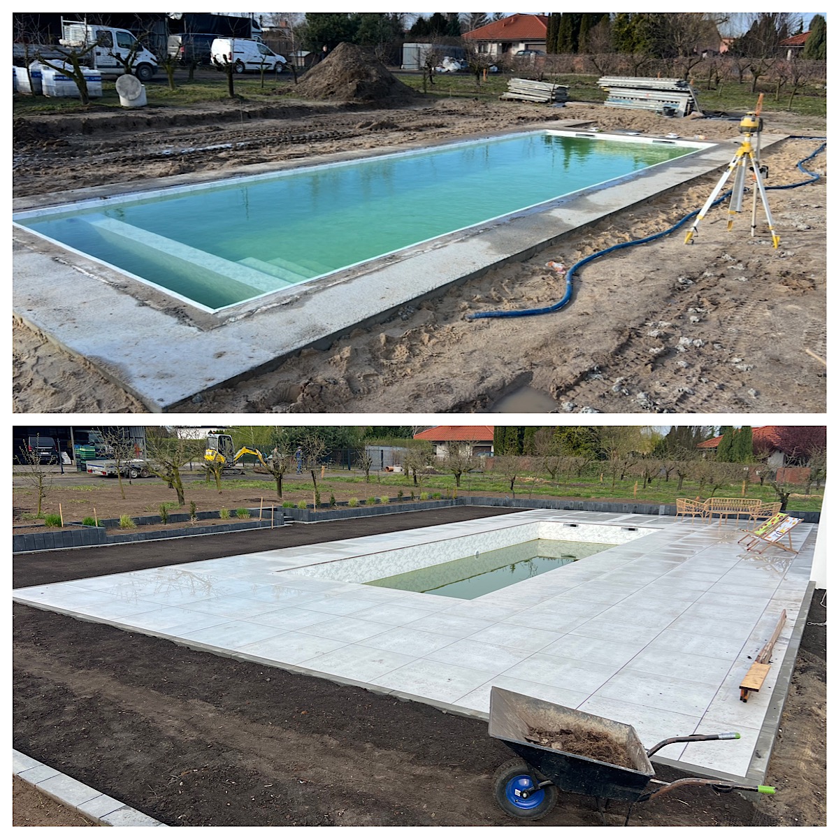 Dwa ujęcia budowy basenu: surowy beton i woda w górnym, wykończone płytki i otoczenie w dolnym. Widoczny wózek i meble ogrodowe.
